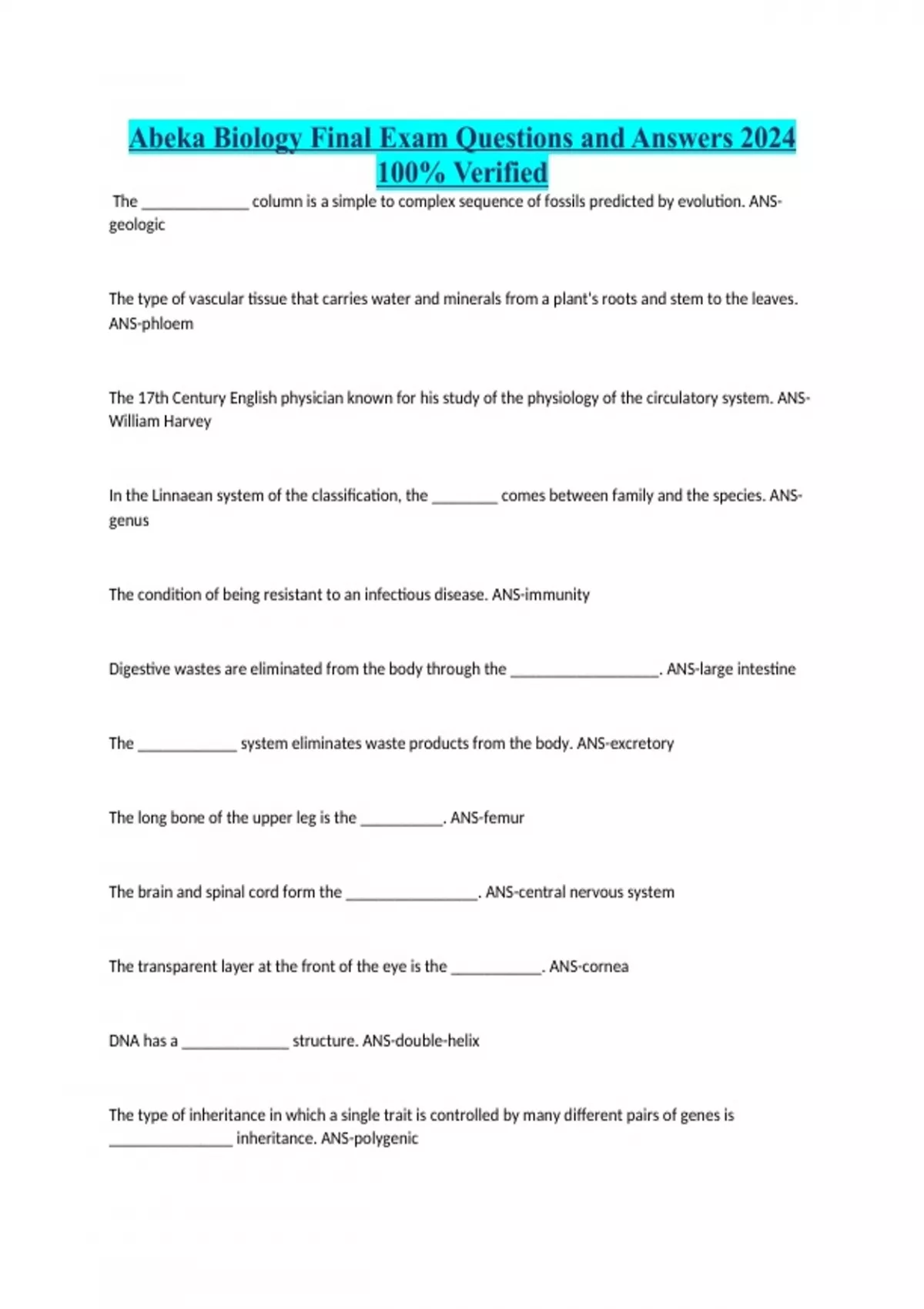 Abeka Biology Final Exam Questions and Answers 2024 100% Verified ...