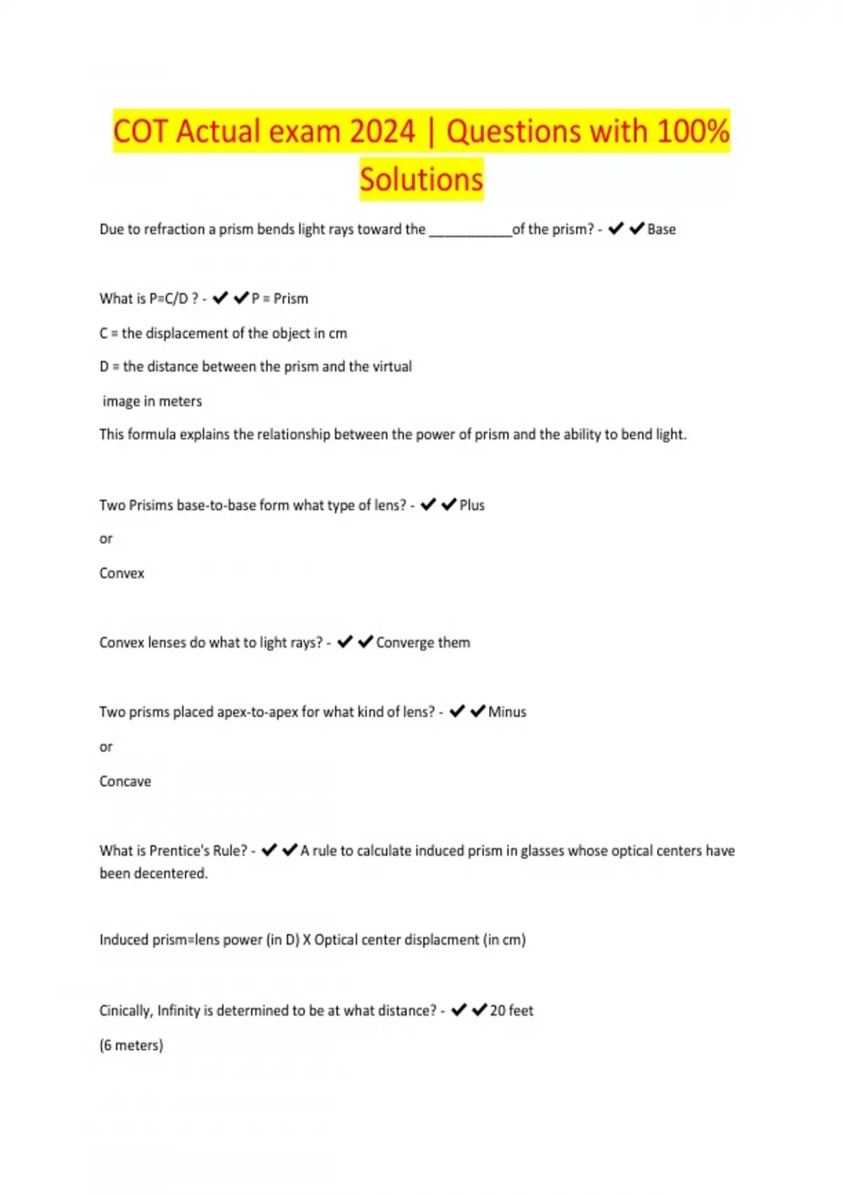 COT Actual exam 2024 Questions with 100 Solutions COT Stuvia US