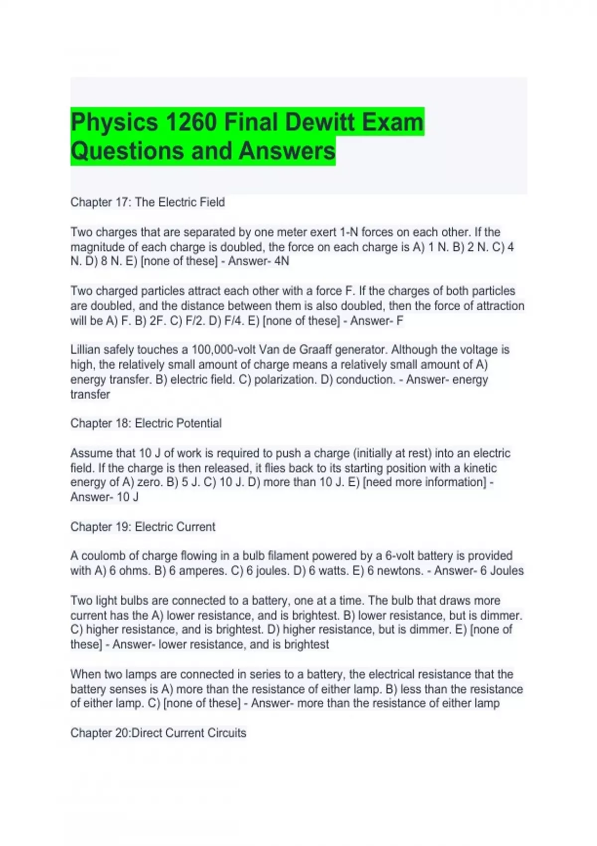 Physics 1260 Final Dewitt Exam Questions and Answers 2024 - Physics ...