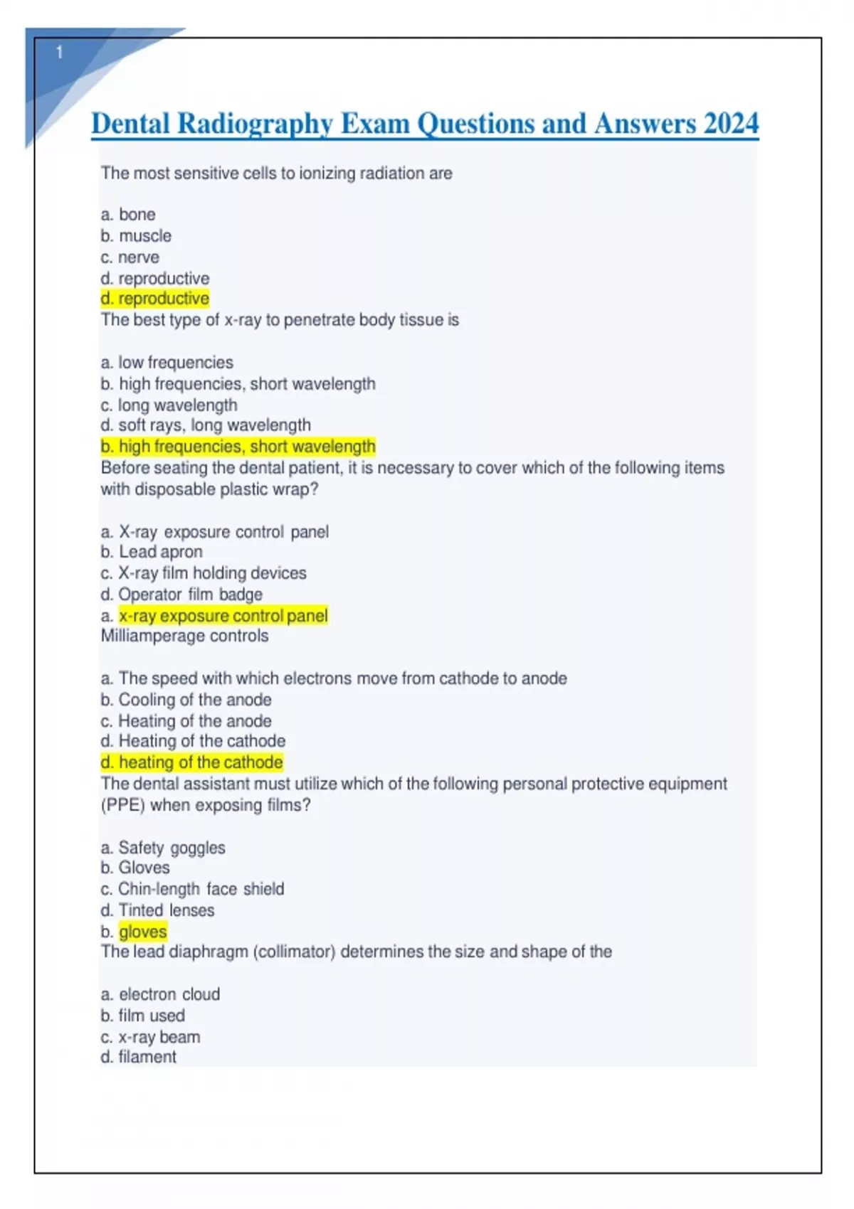 Dental Radiography Exam Questions and Answers 2024. Dental