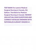 TEST BANK For Lewis's Medical Surgical Nursing in Canada, 5th Edition / Test Bank for Medical Surgical Nursing in Canada NEWEST 2024 ACTUAL EXAM QUESTIONS AND CORRECT DETAILED ANSWERS WITH RATIONALES ALREADY GRADED A+