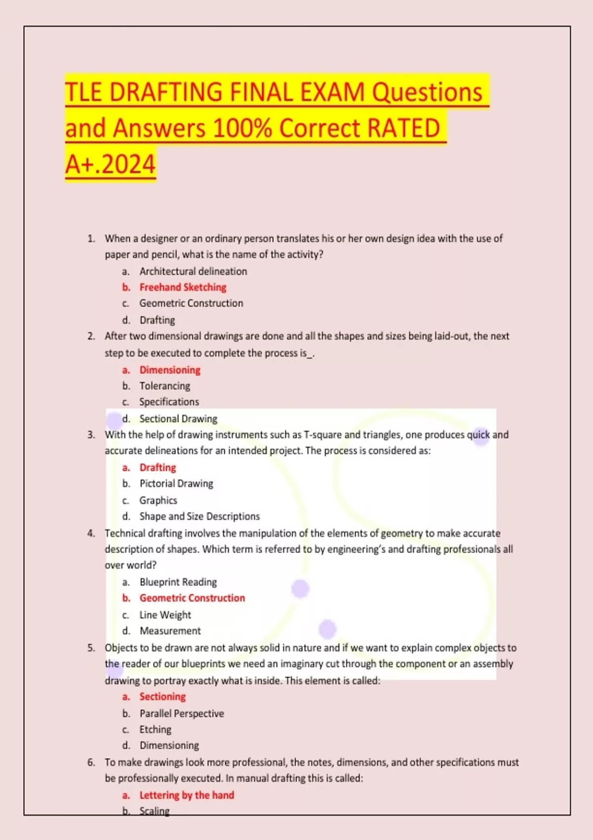 TLE DRAFTING FINAL EXAM Questions and Answers 100 Correct RATED A+