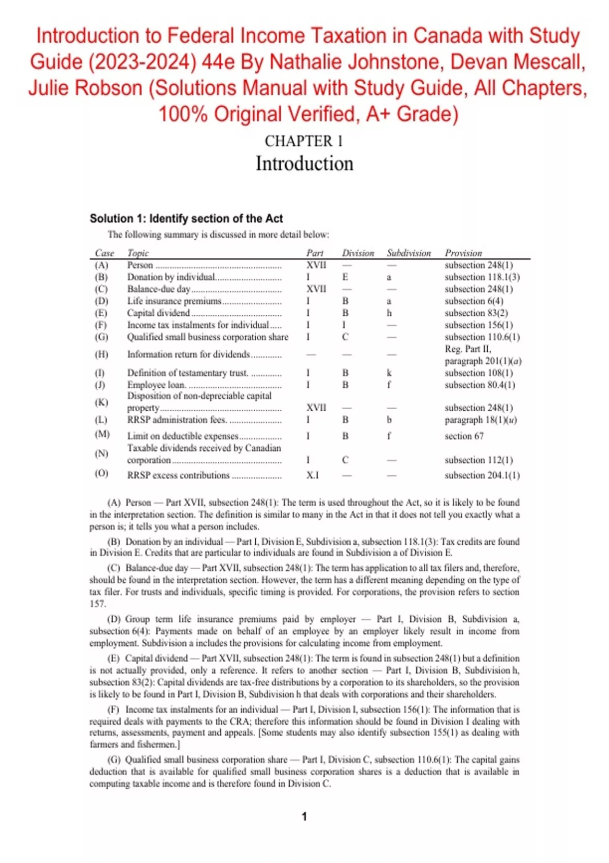 Solutions Manual for Introduction to Federal Income Taxation in Canada ...