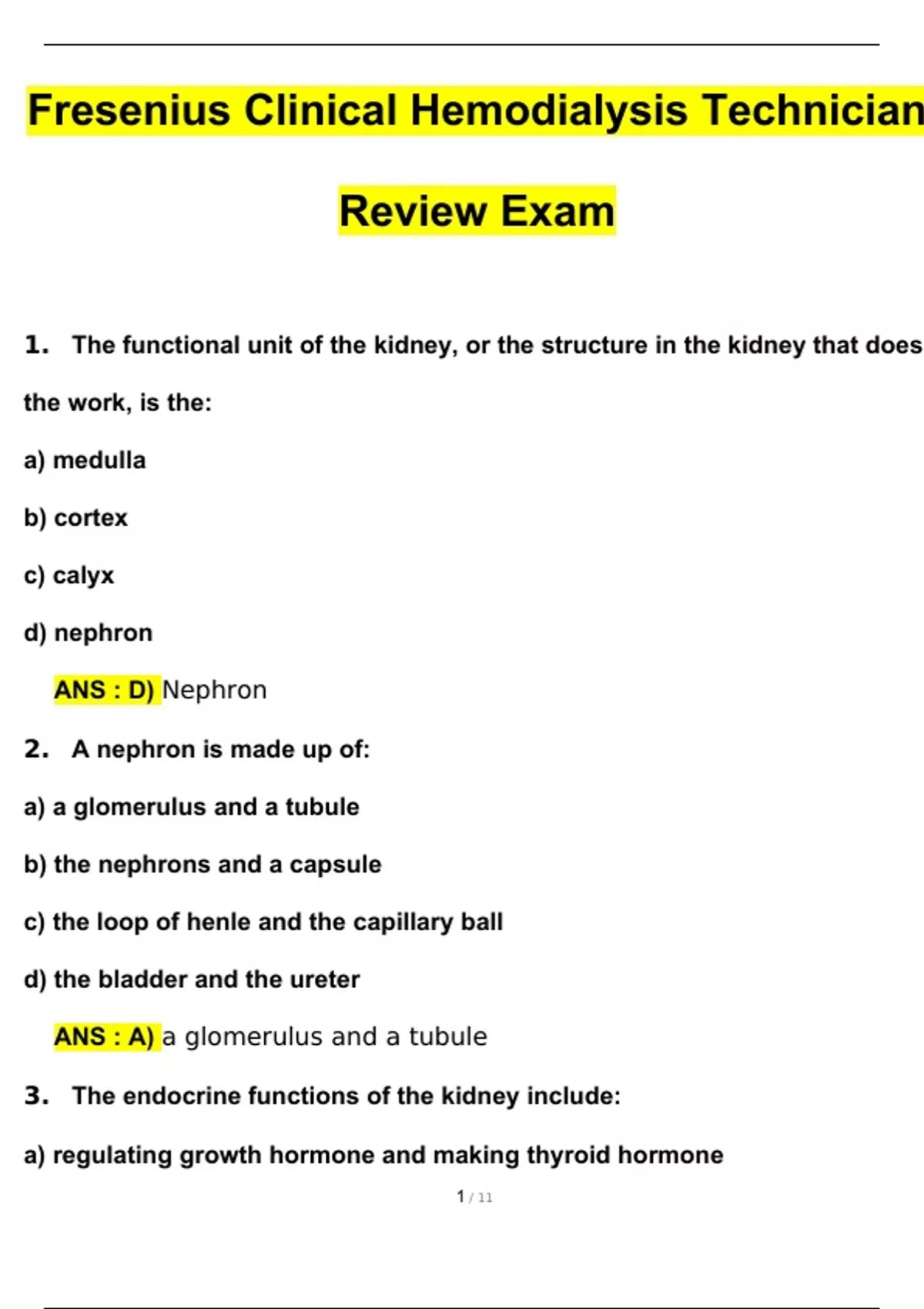 Fresenius Clinical Hemodialysis Technician Review Exam Questions and