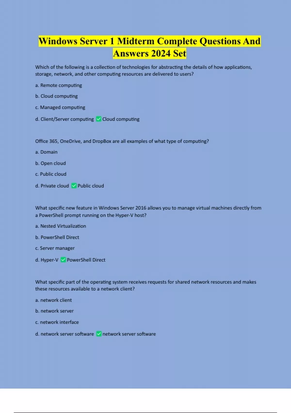 Windows Server 1 Midterm Complete Questions And Answers 2024 Set ...