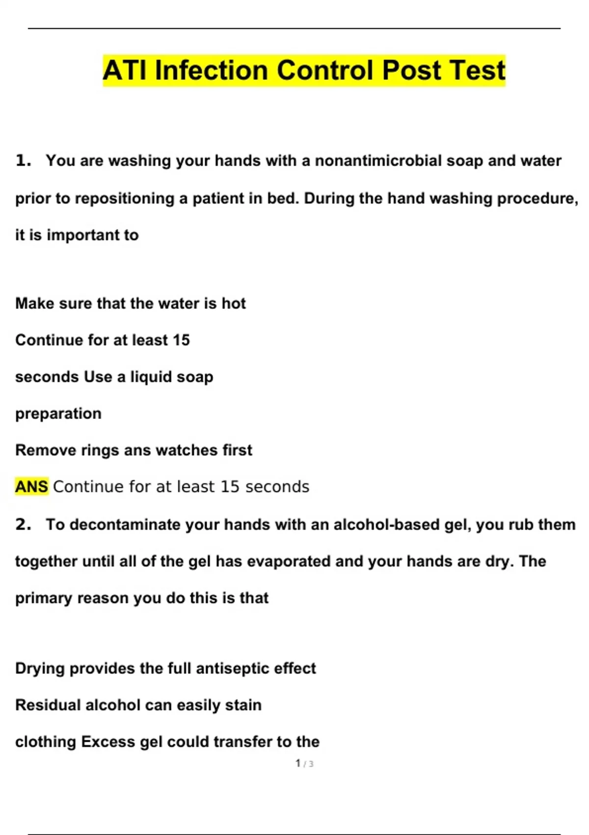 ATI Infection Control Post Test Questions and Answers (2024 / 2025