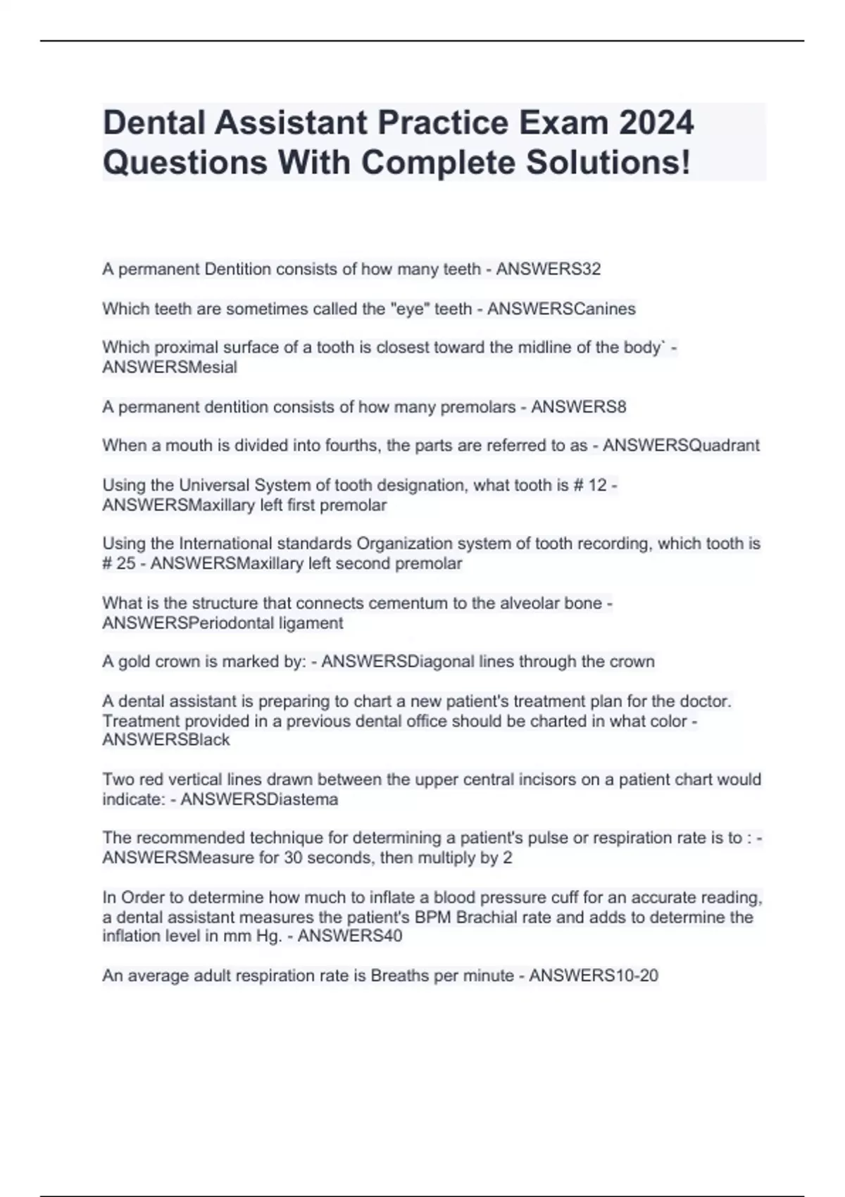 Dental Assistant Practice Exam 2024 Questions With Complete Solutions