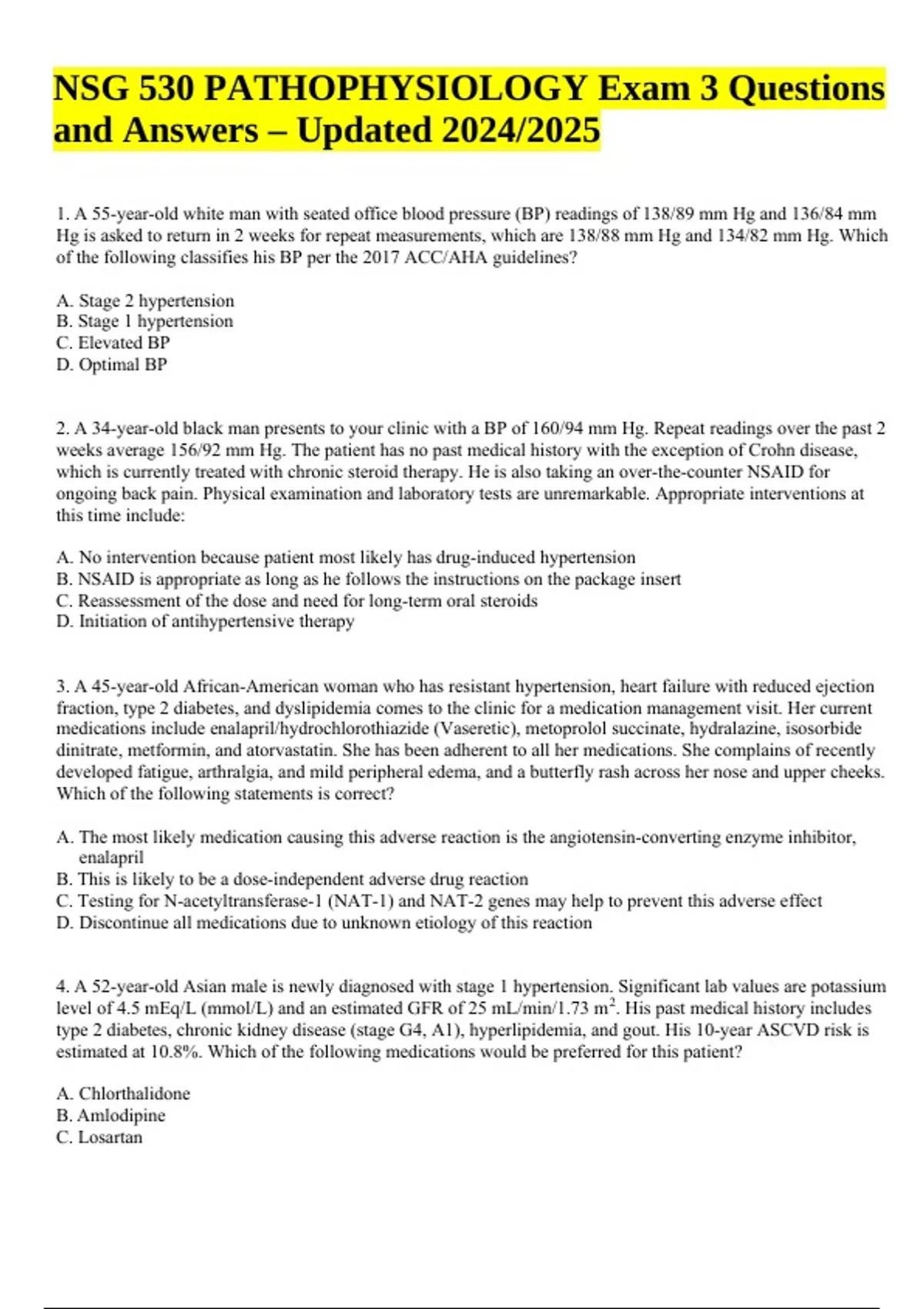 NSG 530 PATHOPHYSIOLOGY Exam 3 Questions and Answers Latest Updated ...
