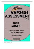 VAP2601 ASSIGNMENT 01-QUIZ DUE 28 MARCH 2024 100 QUESTIONS WELL ANSWERED