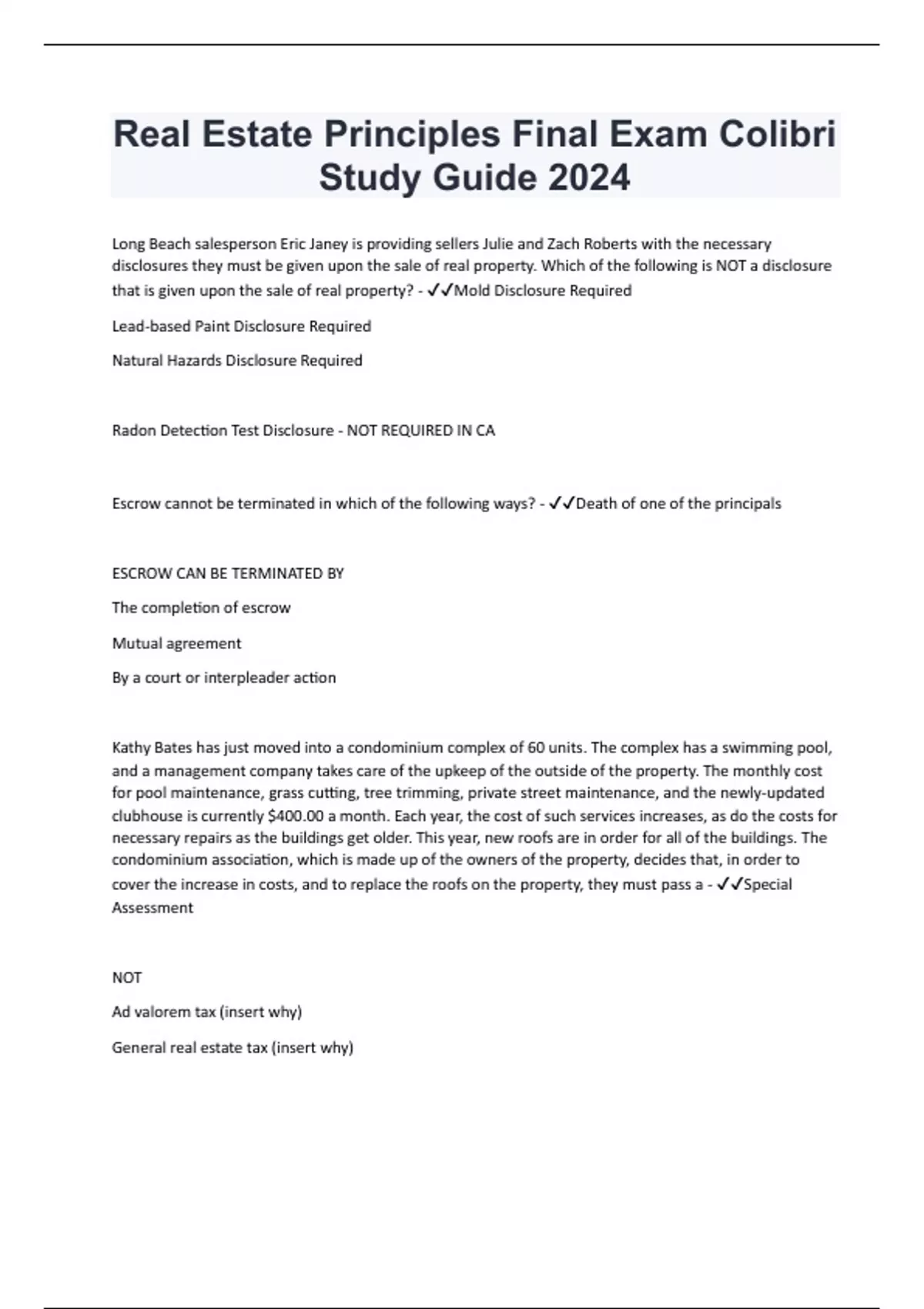 Real Estate Principles Final Exam Colibri Study Guide 2024 Real