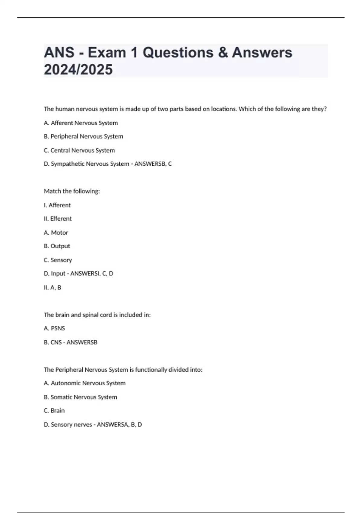 ANS - Exam 1 Questions & Answers 2024/2025 - ANS - - Stuvia US