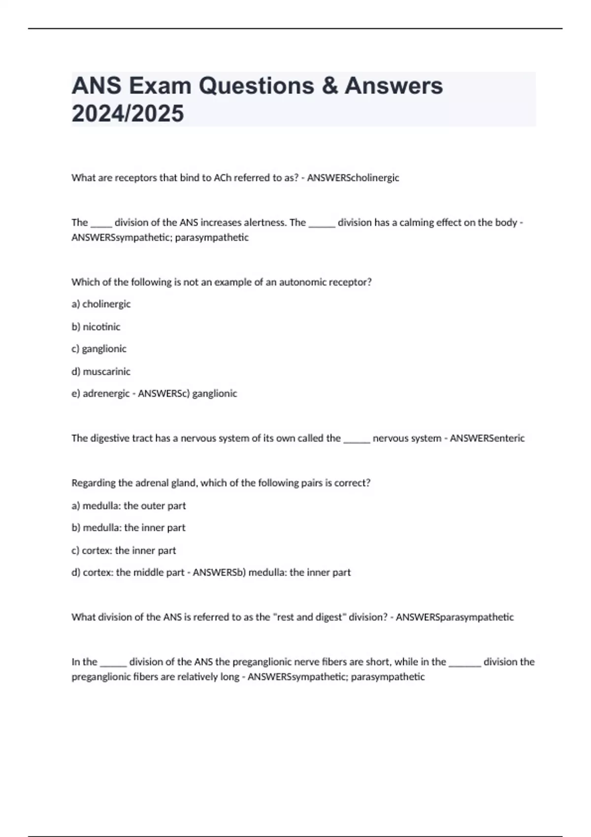 ANS Exam Questions & Answers 2024/2025 - ANS - Stuvia US