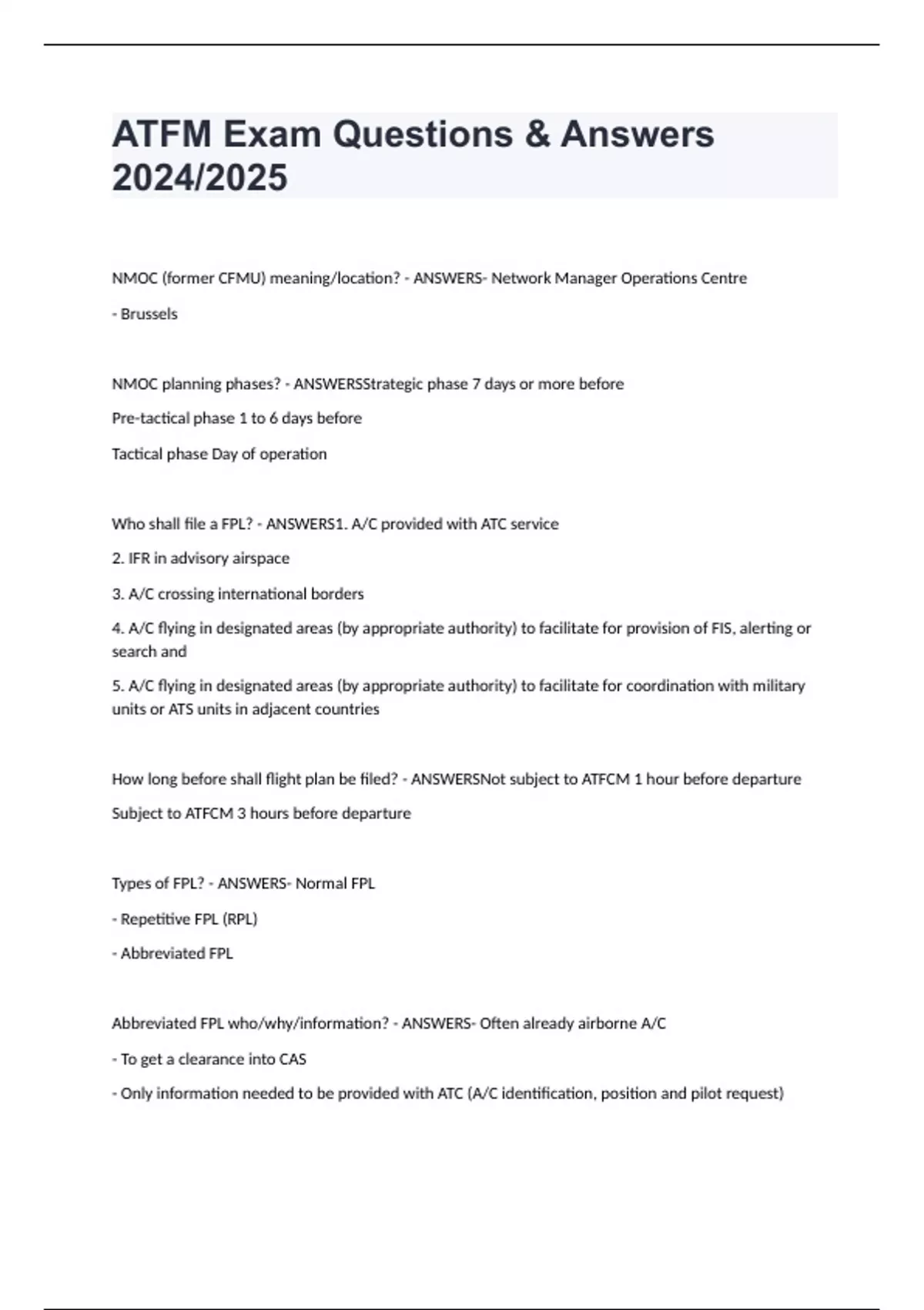 ATFM Exam Questions & Answers 2024/2025 - ATFM - Stuvia US