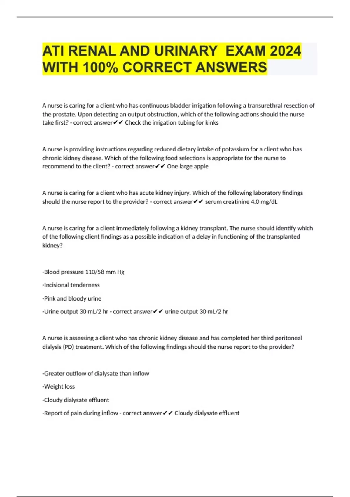 ATI RENAL AND URINARY EXAM 2024 WITH 100% CORRECT ANSWERS - ATI RENAL ...
