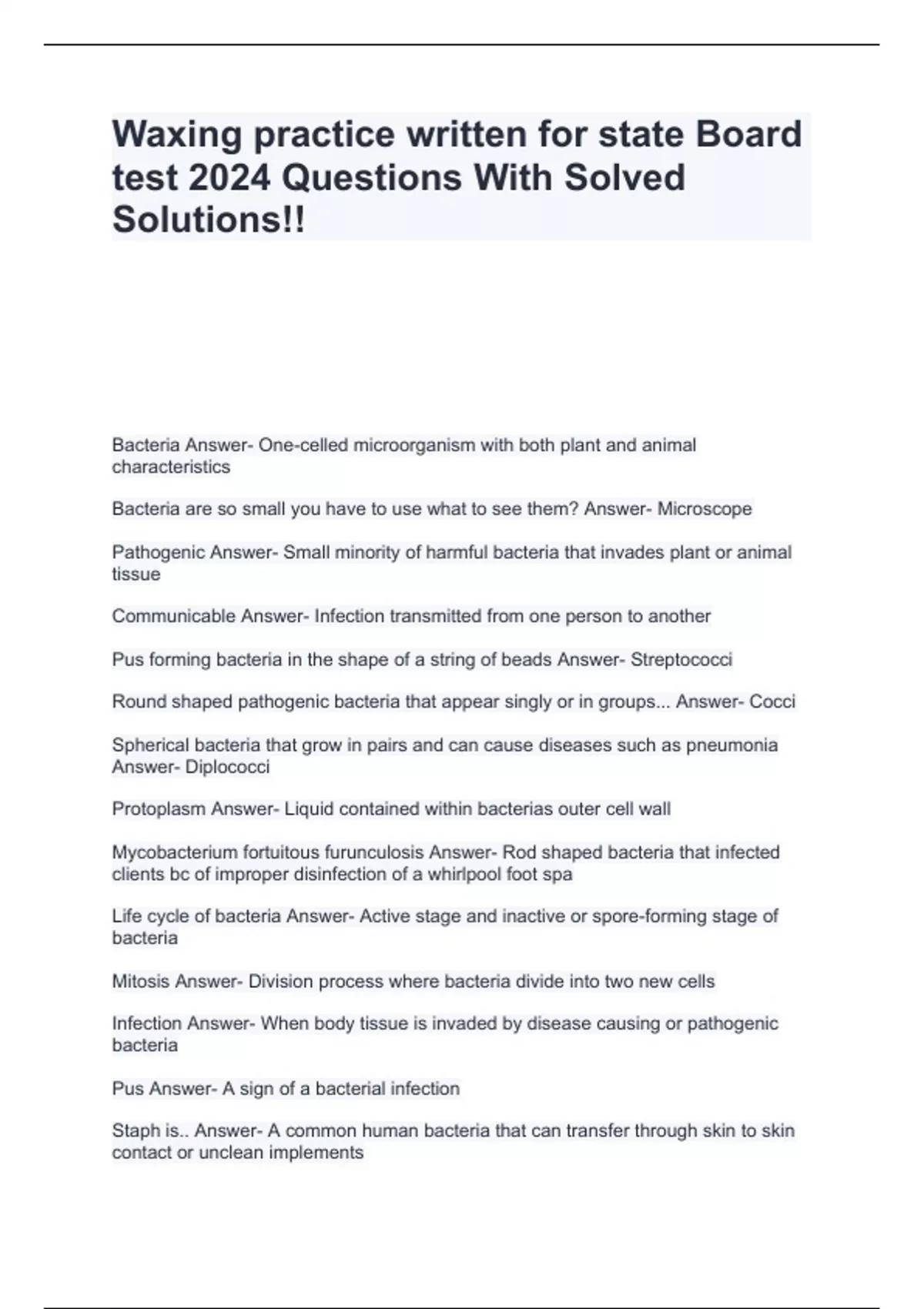 Waxing practice written for state Board test 2024 Questions With Solved