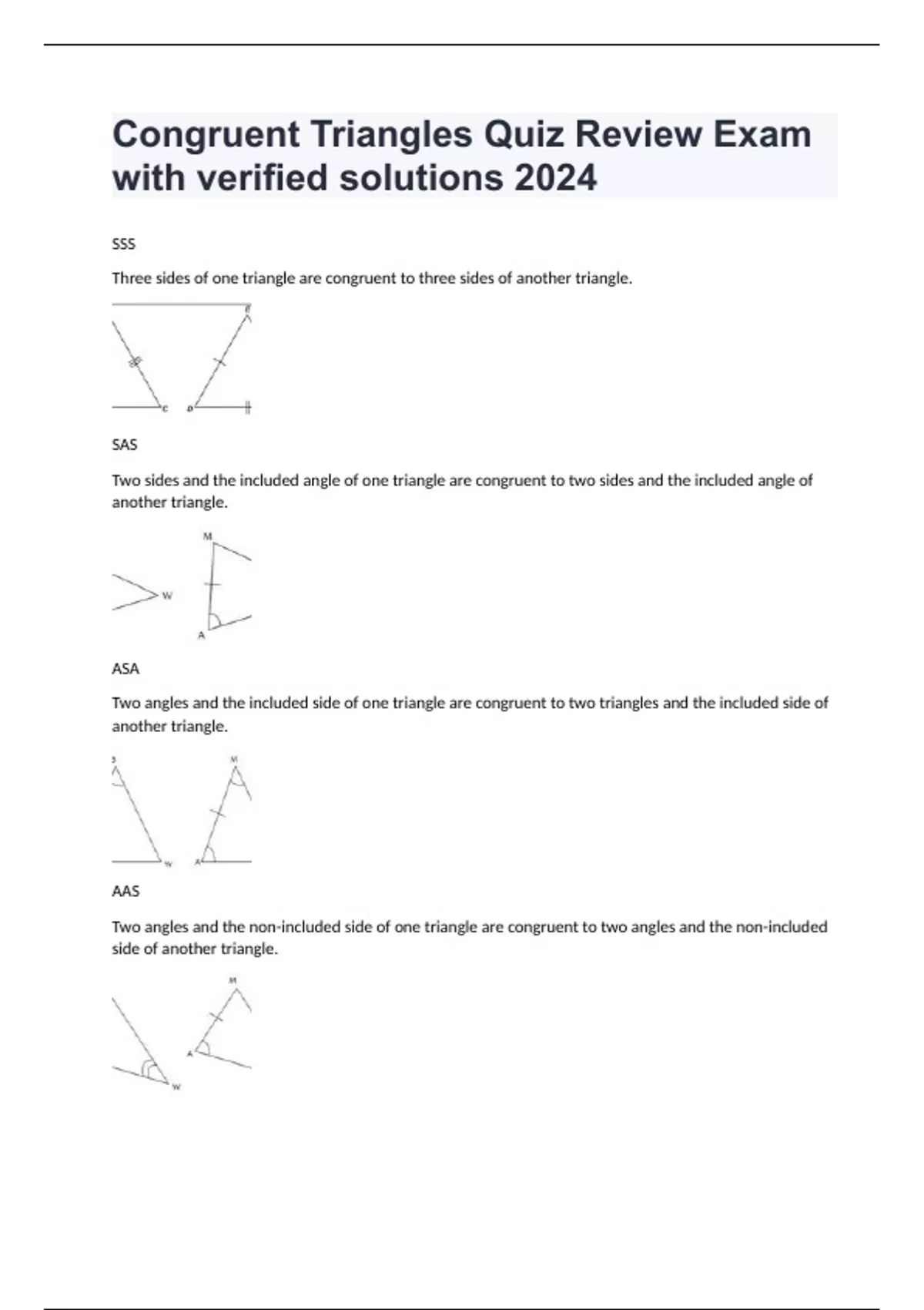 Congruent Triangles Quiz Review Exam with verified solutions 2024