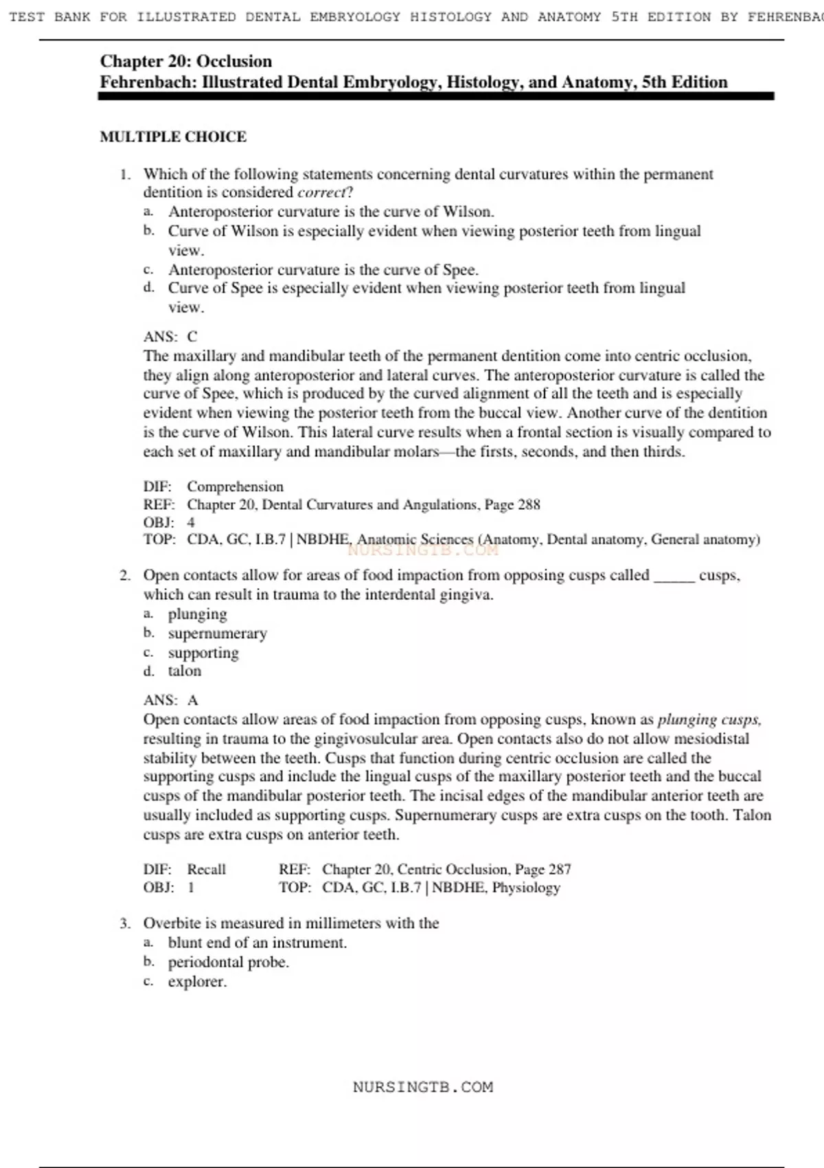 Test Bank For Illustrated Dental Embryology Histology and Anatomy 5th ...