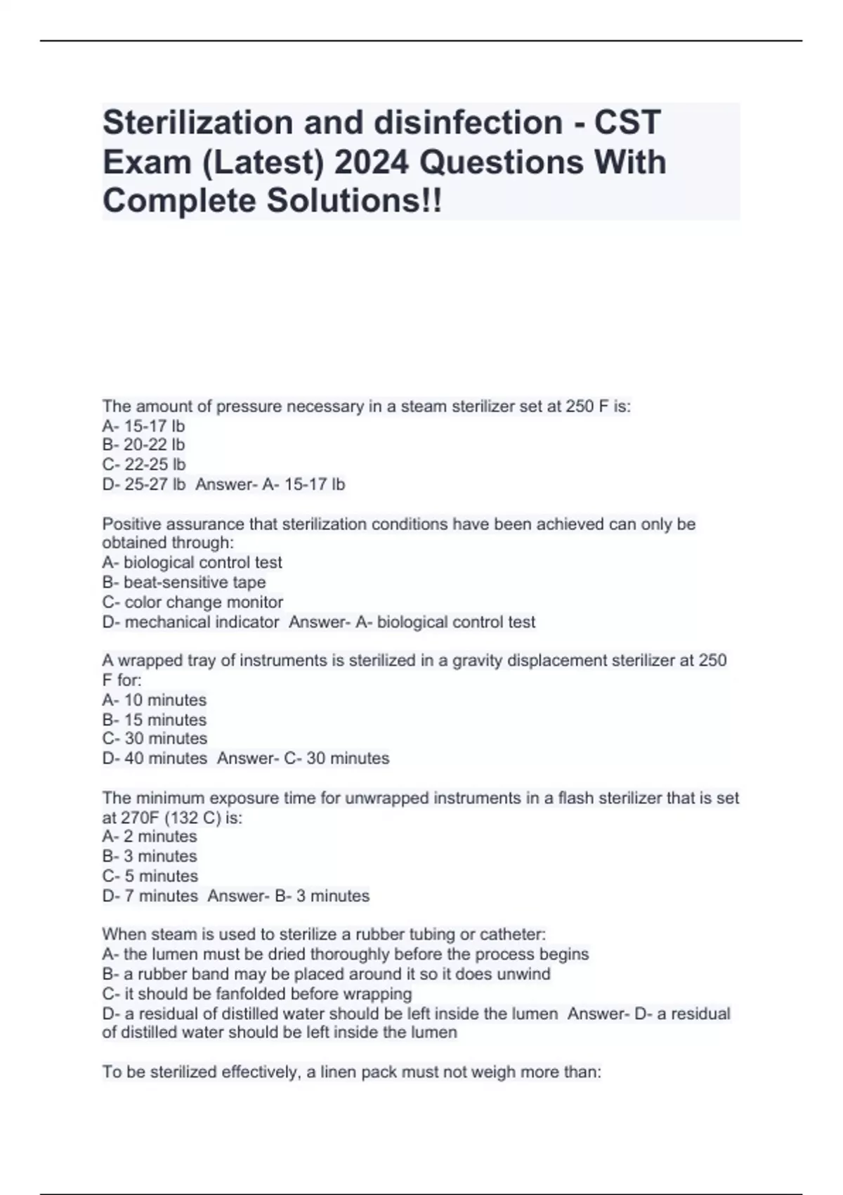 Sterilization and disinfection CST Exam (Latest) 2024 Questions With