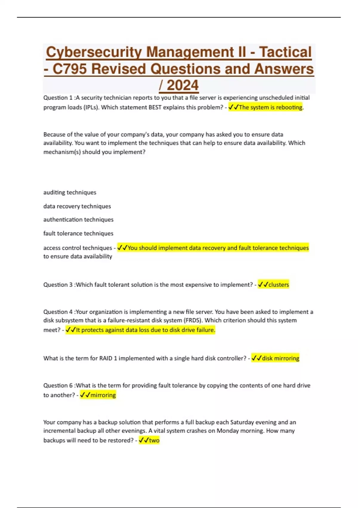 Questions Tactical Cybersecurity Management II - Tactical - C795 Revised Questions and ...