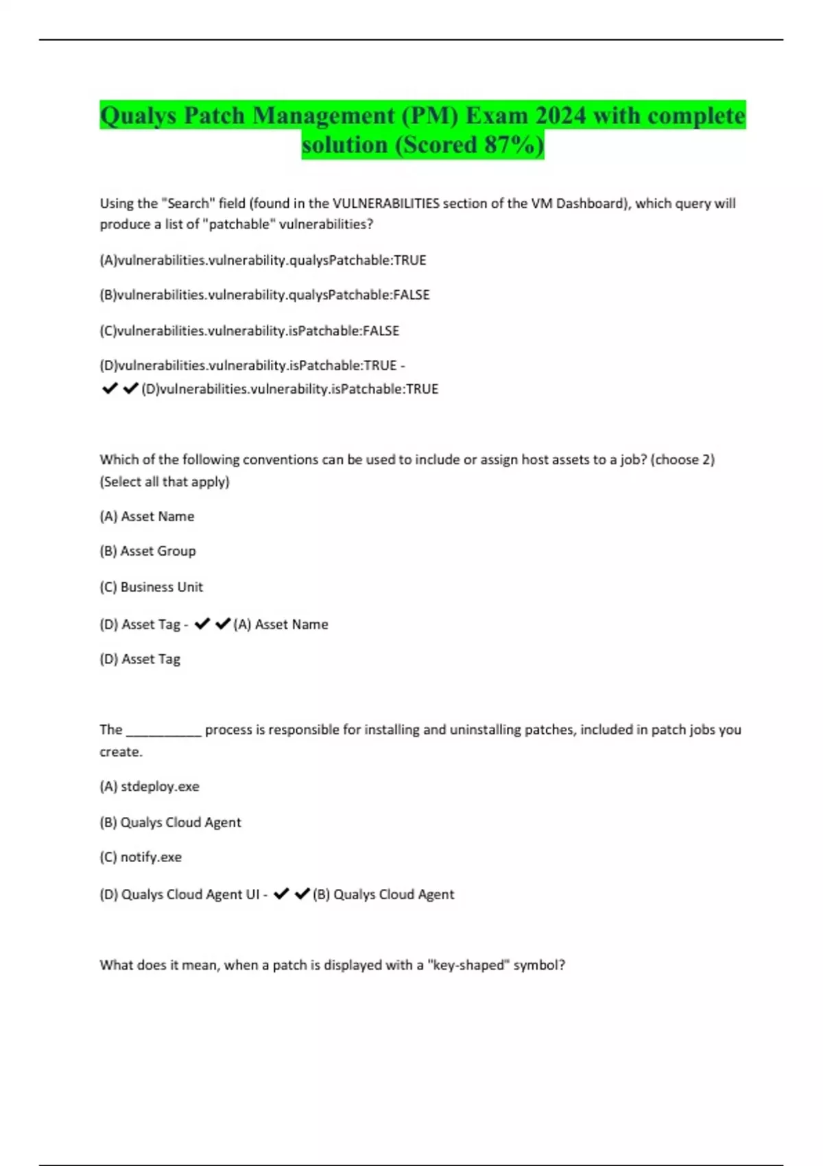Qualys Patch Management (PM) Exam 2024 with complete solution (Scored ...
