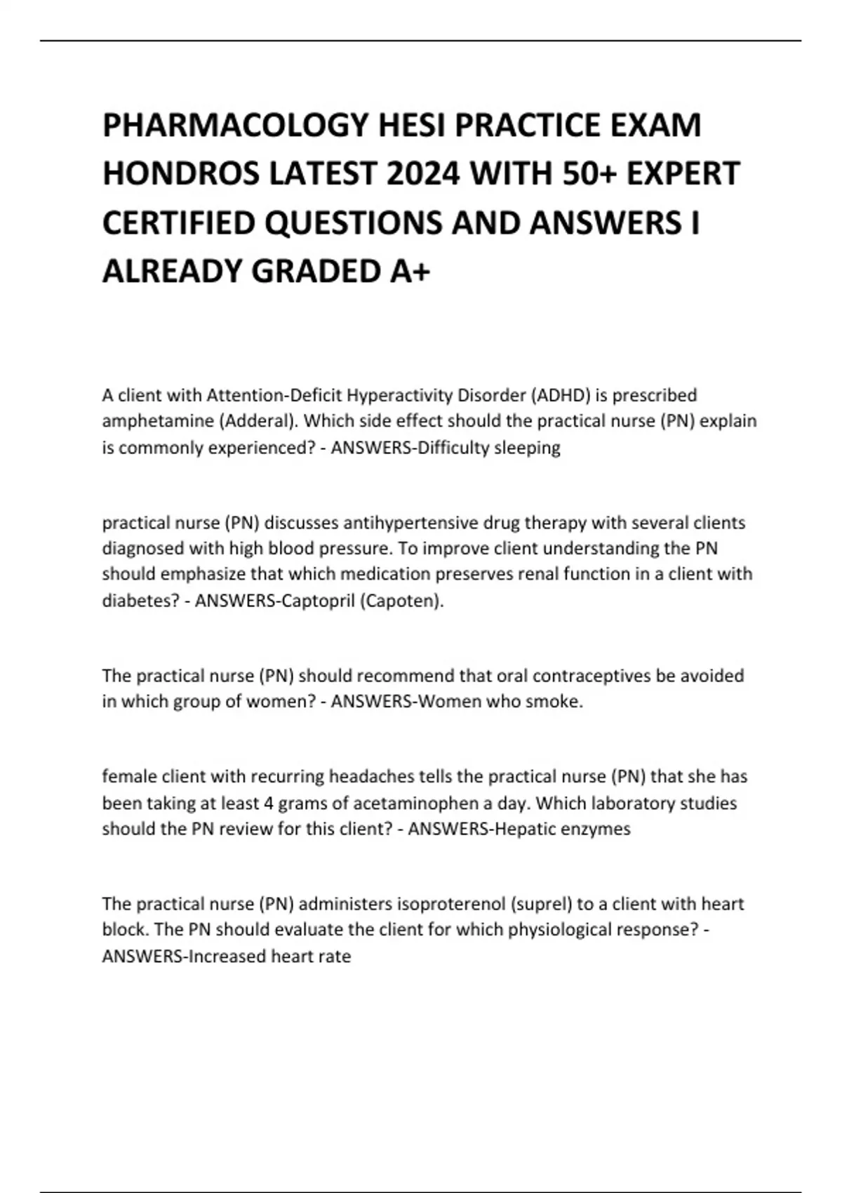 PHARMACOLOGY HESI PRACTICE EXAM HONDROS LATEST 2024 WITH 50+ EXPERT CERTIFIED QUESTIONS AND ...