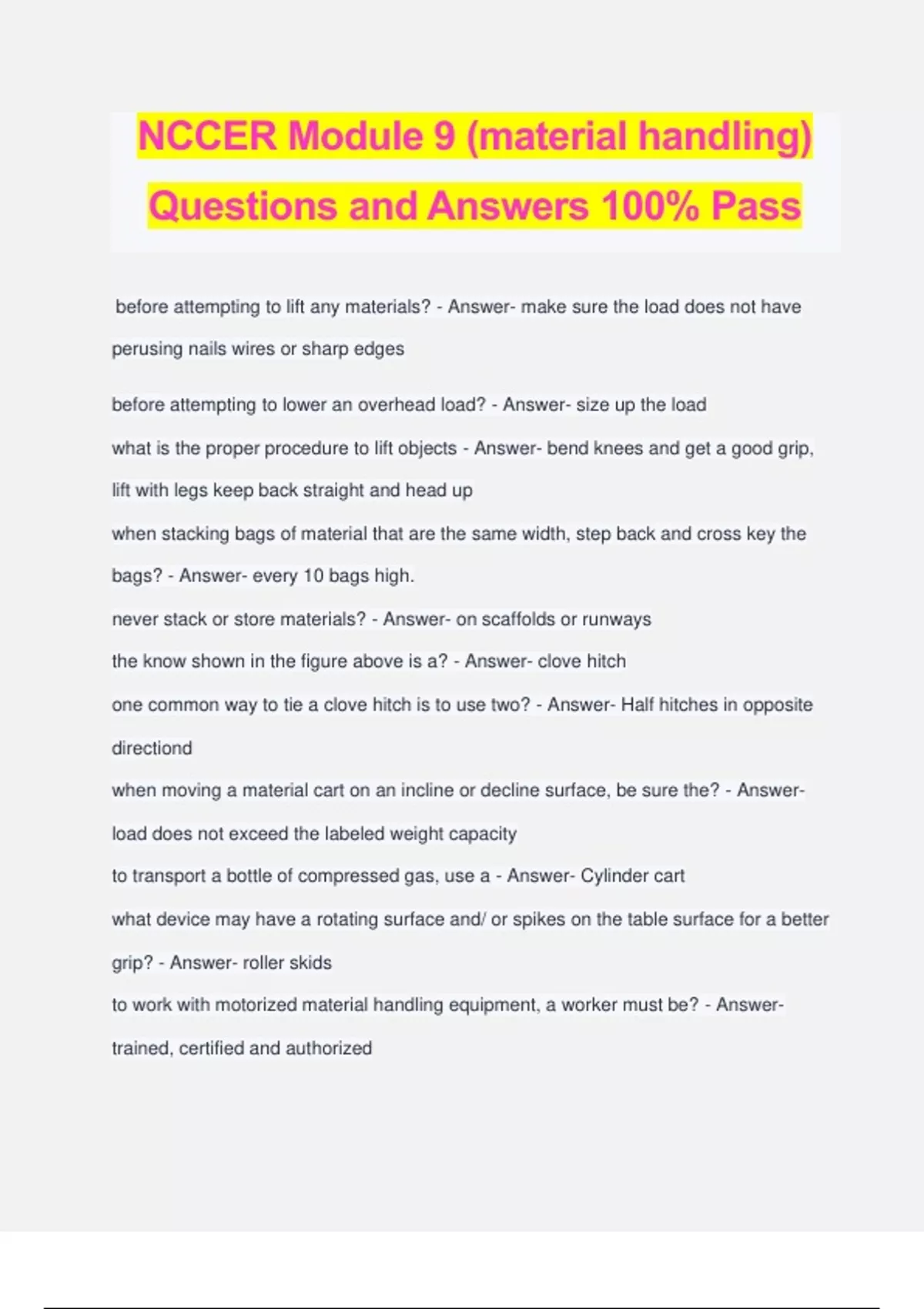 NCCER Module 9 (material handling) Questions and Answers 100 Pass