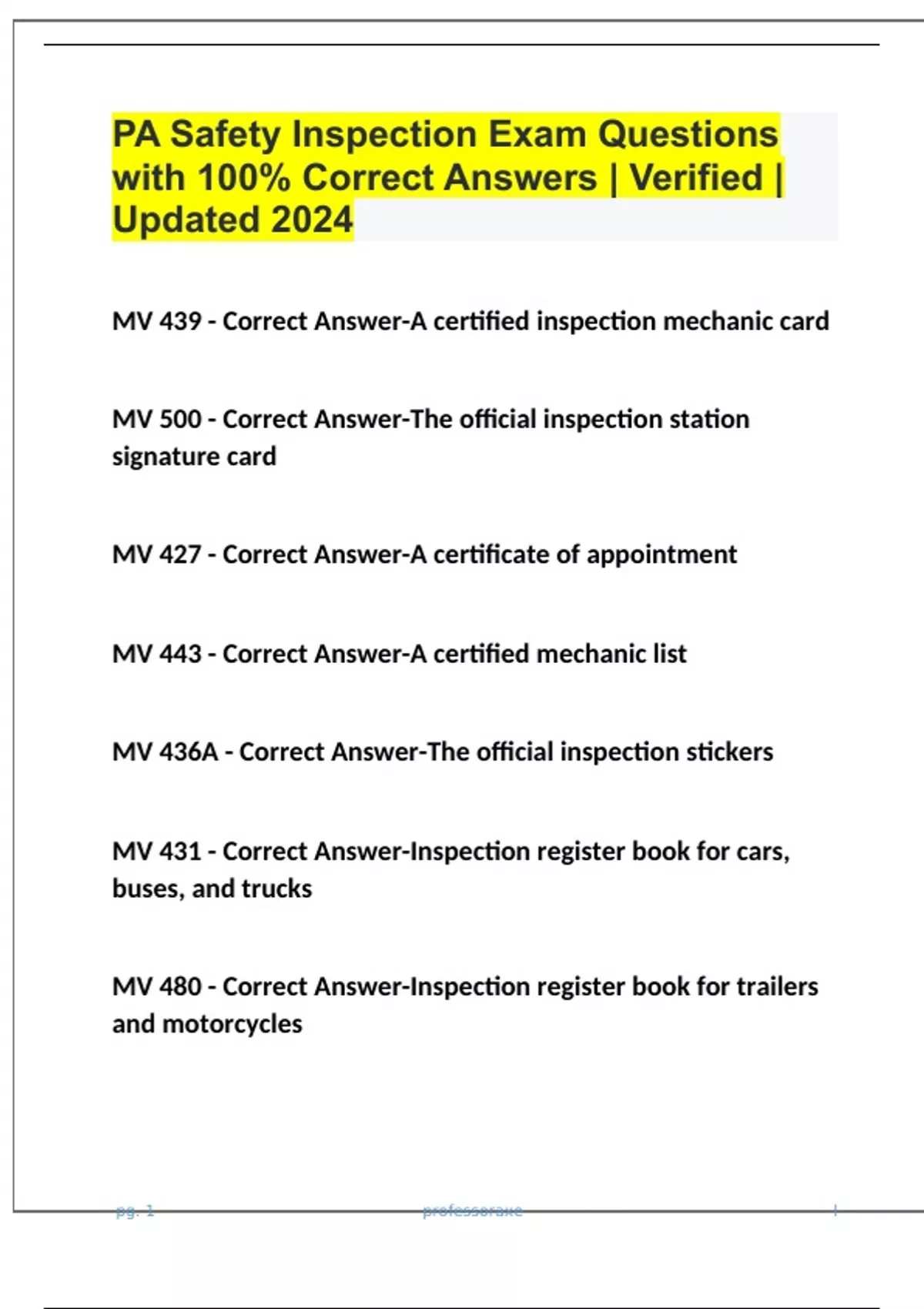 PA Safety Inspection Exam Questions with 100 Correct Answers