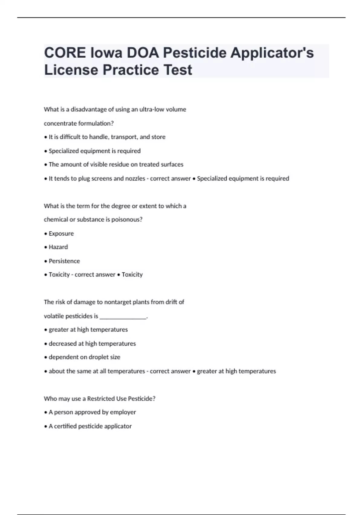 CORE Iowa DOA Pesticide Applicator's License Practice Test 2024/2025 passed - Lowa pesticide ...