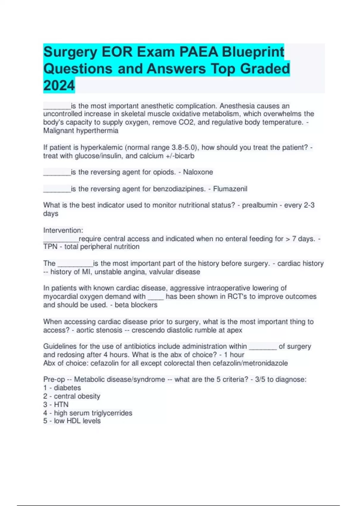 Surgery EOR Exam PAEA Blueprint Questions and Answers Top Graded 2024