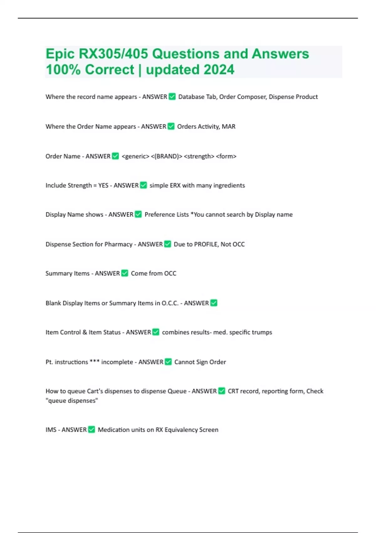 Epic Rx Request Epic RX305/405 Questions and Answers 100% Correct | updated 2024 - EPIC ...
