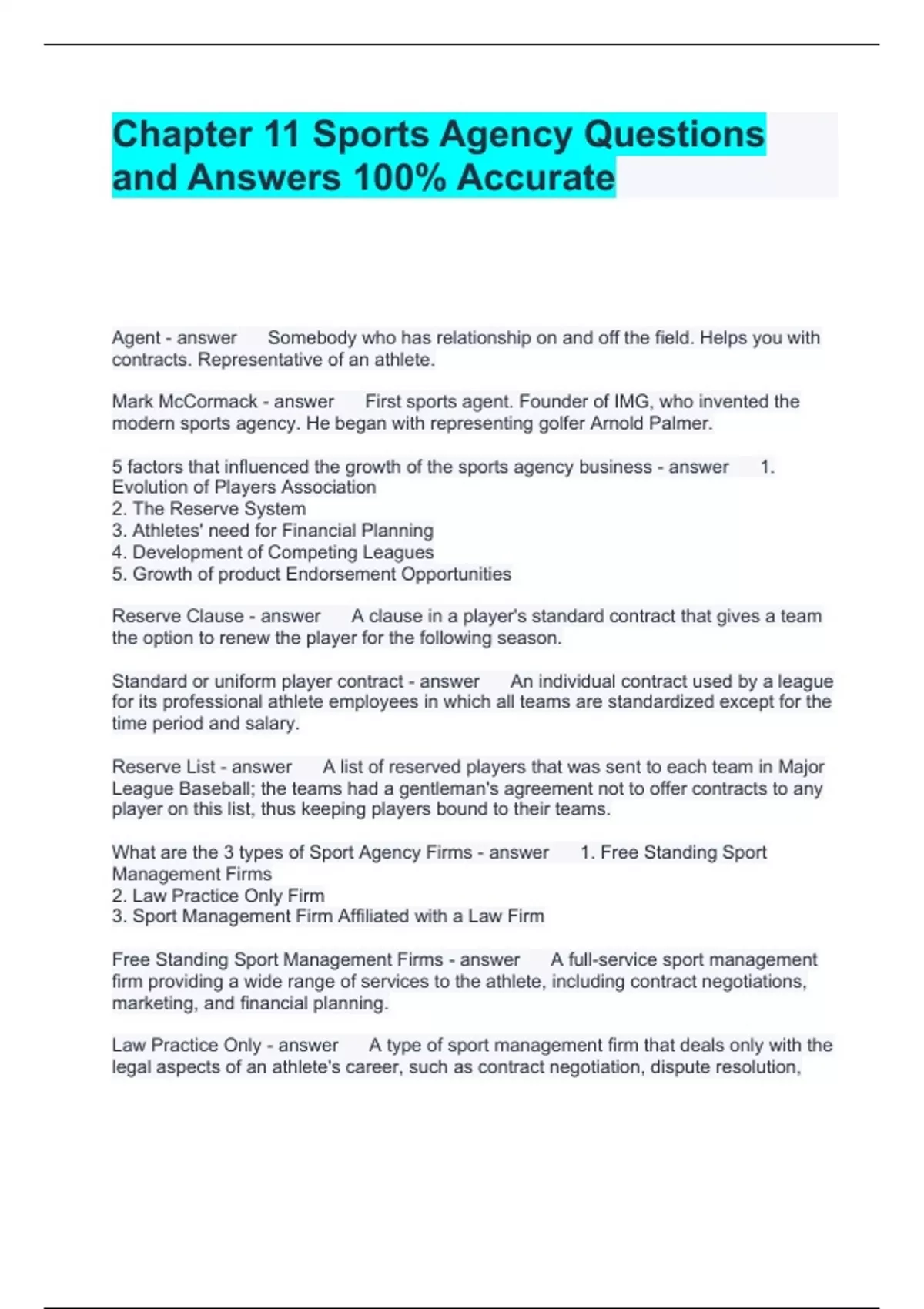 Chapter 11 Sports Agency Questions and Answers 100 Accurate NFL