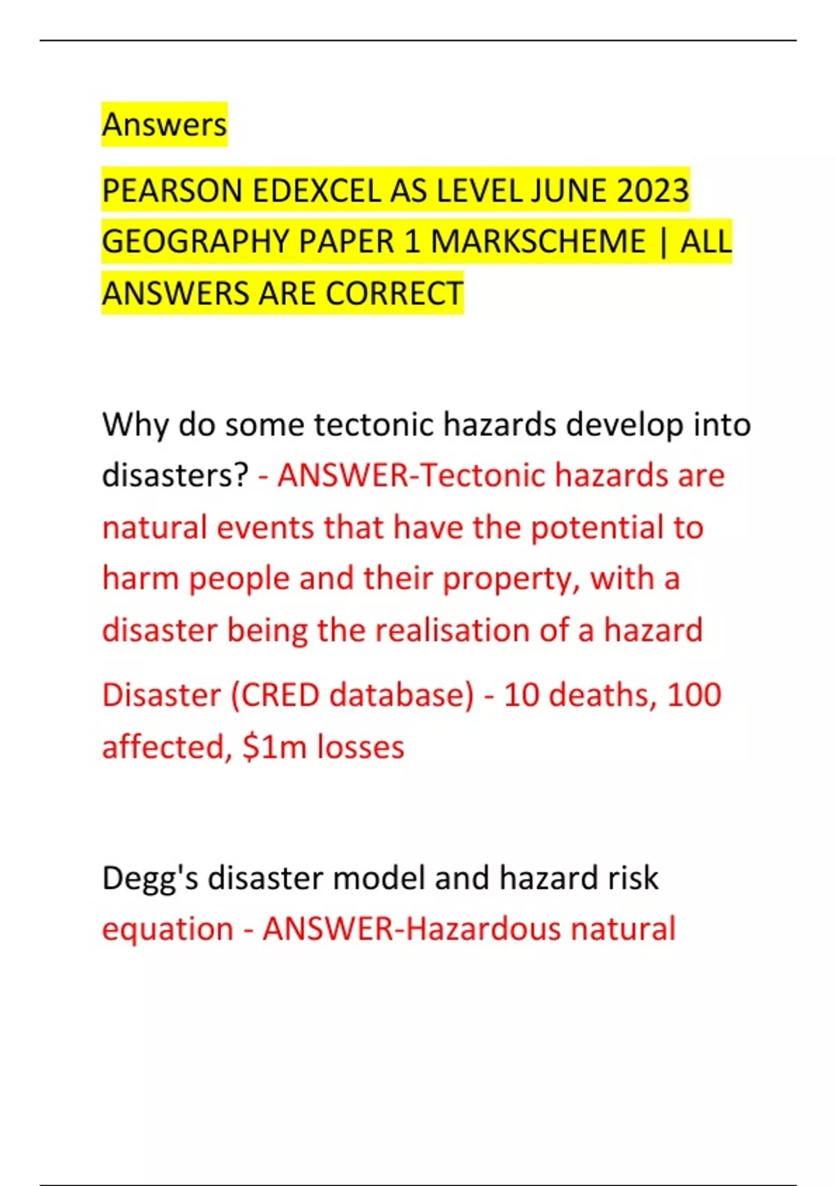 Answers PEARSON EDEXCEL AS LEVEL JUNE 2023 GEOGRAPHY PAPER 1 MARKSCHEME ...