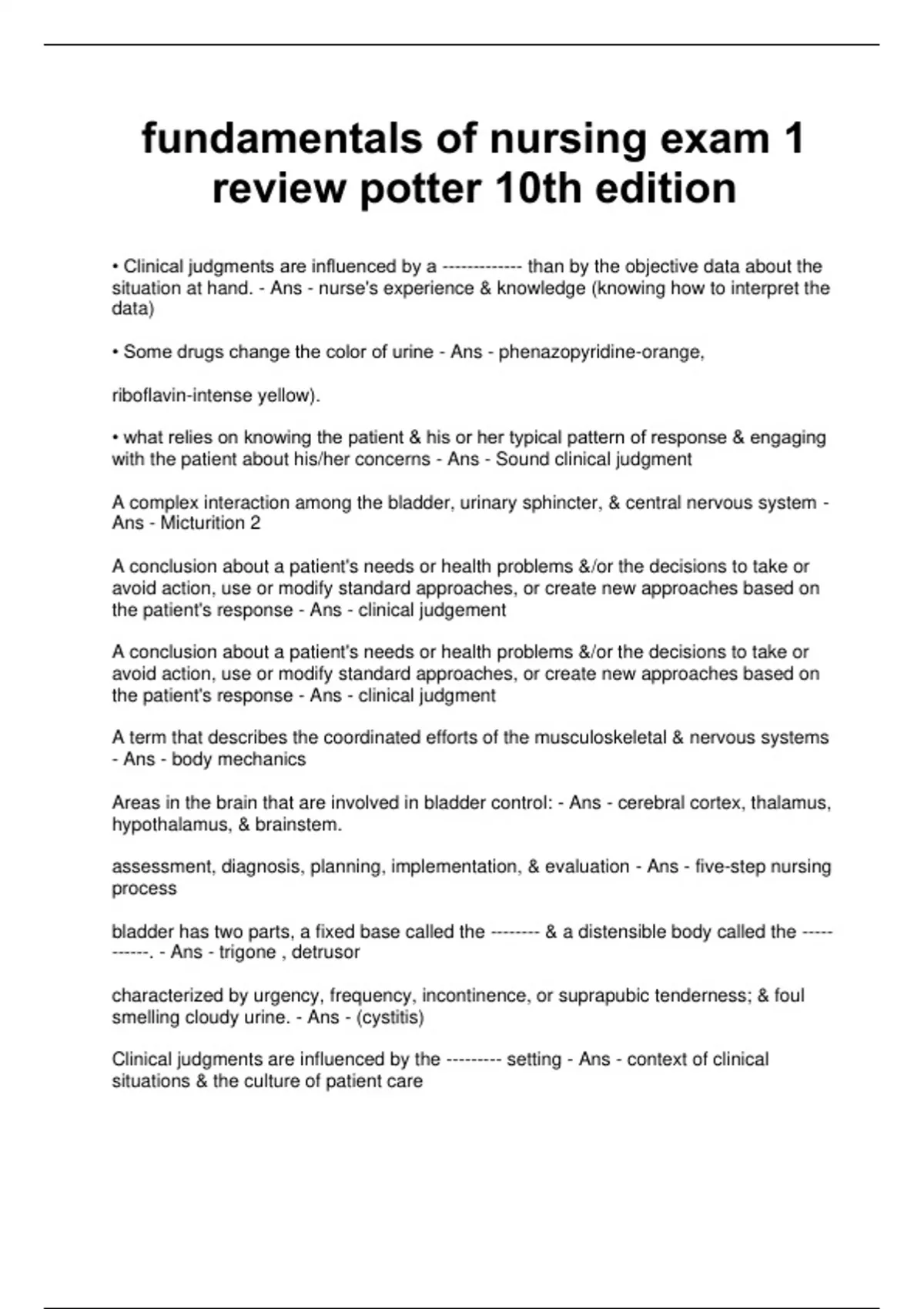Fundamentals Of Nursing Exam 1 Questions And Answers 2024 Review Potter ...