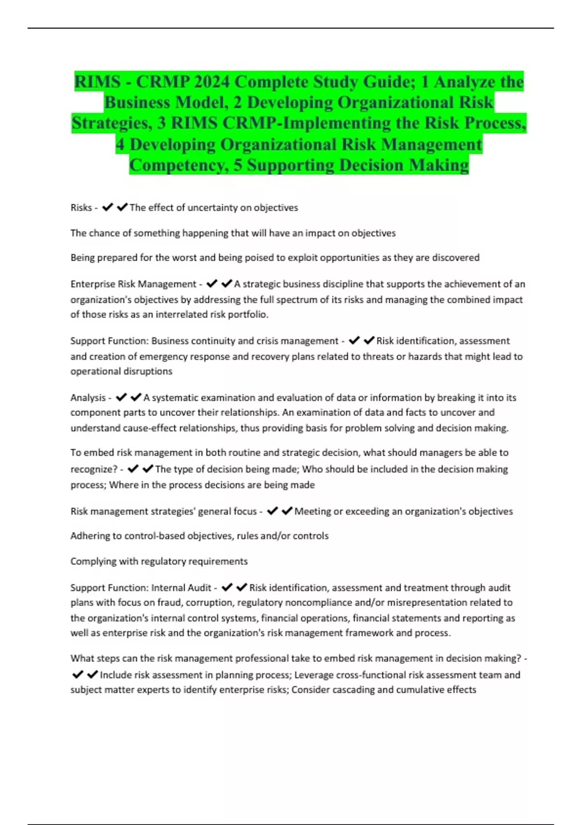 Rims Risk Management Process RIMS - CRMP 2024 Complete Study Guide; 1 Analyze the Business Model, 2 ...