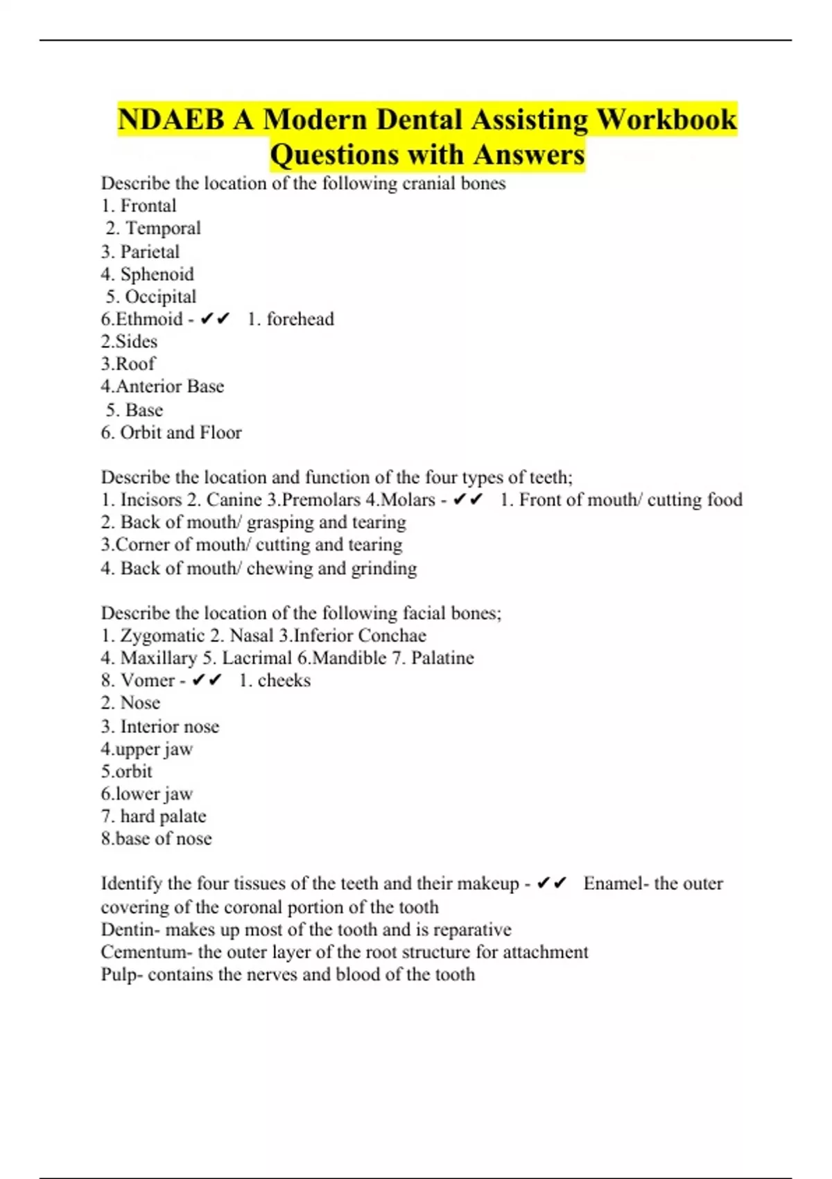 NDAEB A Modern Dental Assisting Workbook Questions with Answers NDAEB