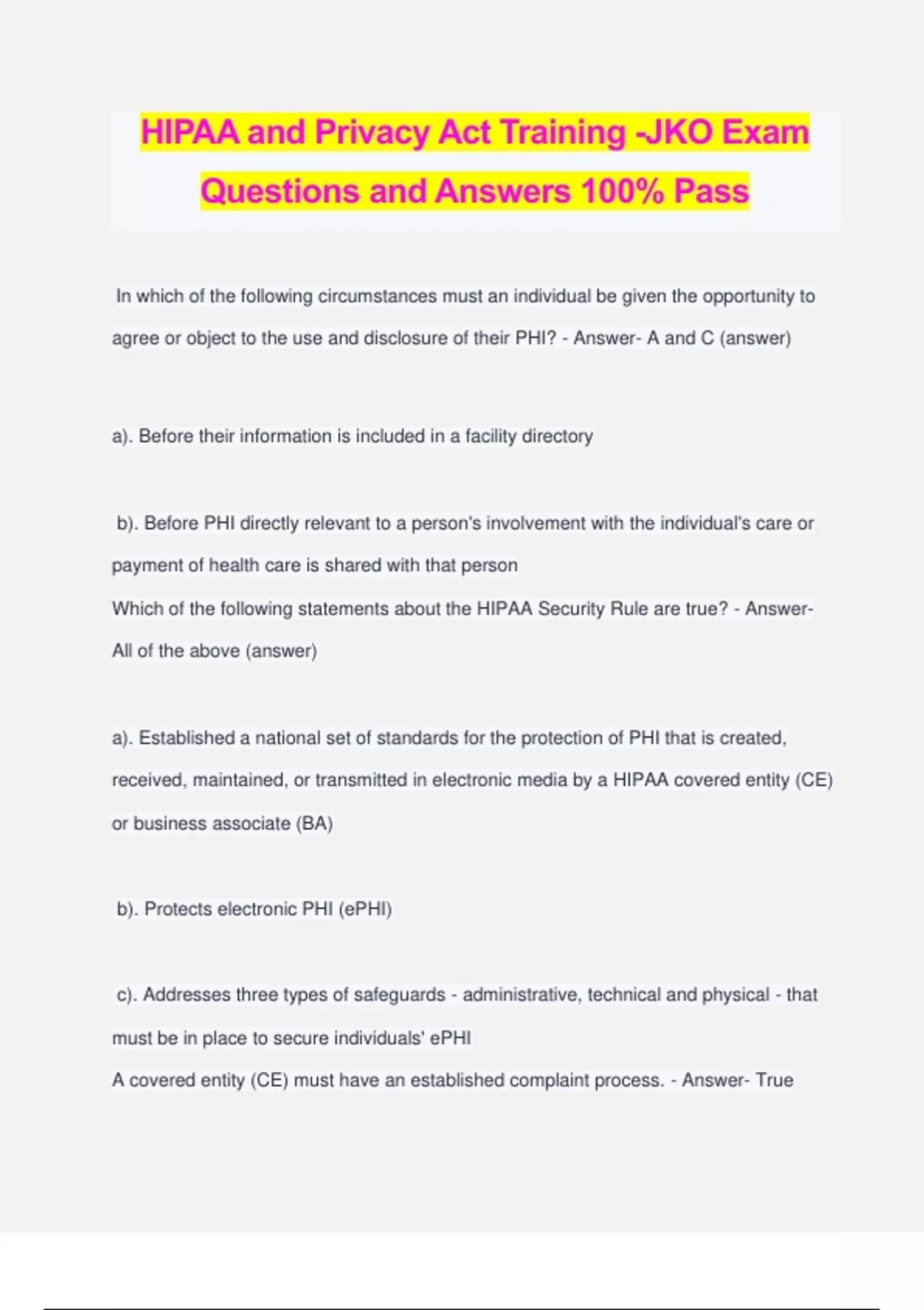 HIPAA and Privacy Act Training -JKO Exam Questions and Answers 100%