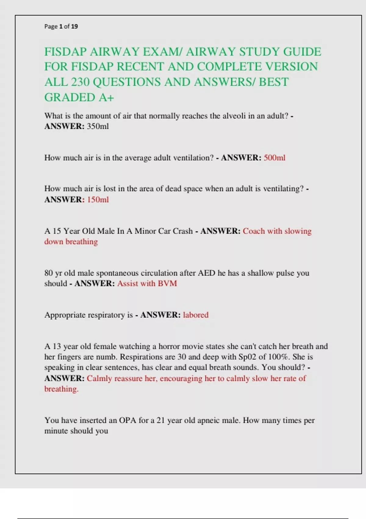 FISDAP AIRWAY EXAM/ AIRWAY STUDY GUIDE FOR FISDAP RECENT AND COMPLETE ...