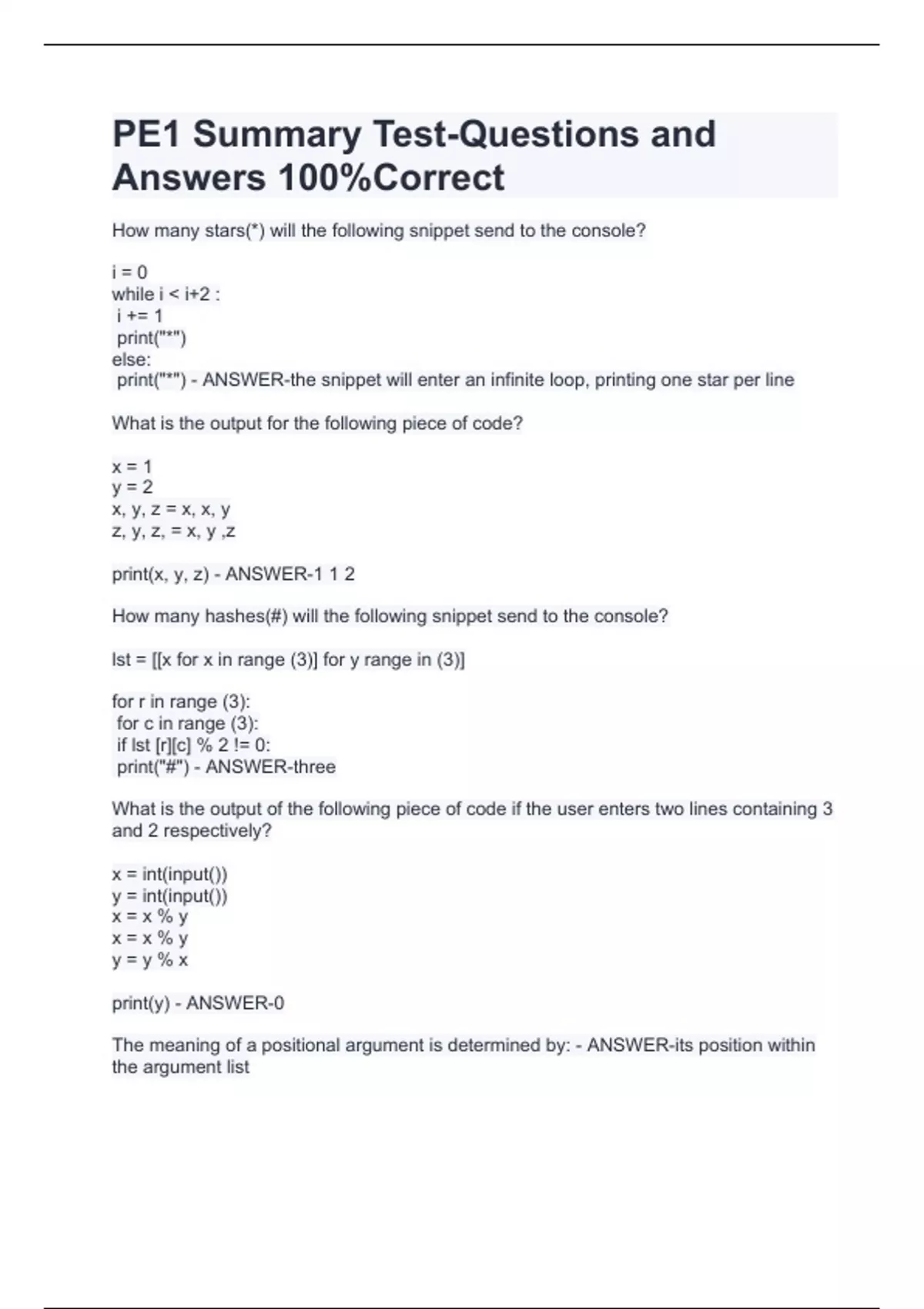 PE1 Summary Test-Questions and Answers 100%Correct - Programming for ...