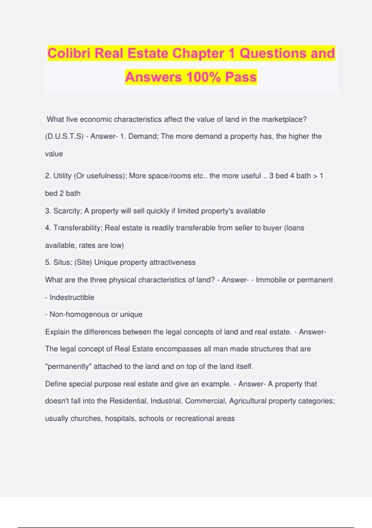 Colibri Real Estate Chapter 1 Questions and Answers 100 Pass Colibri