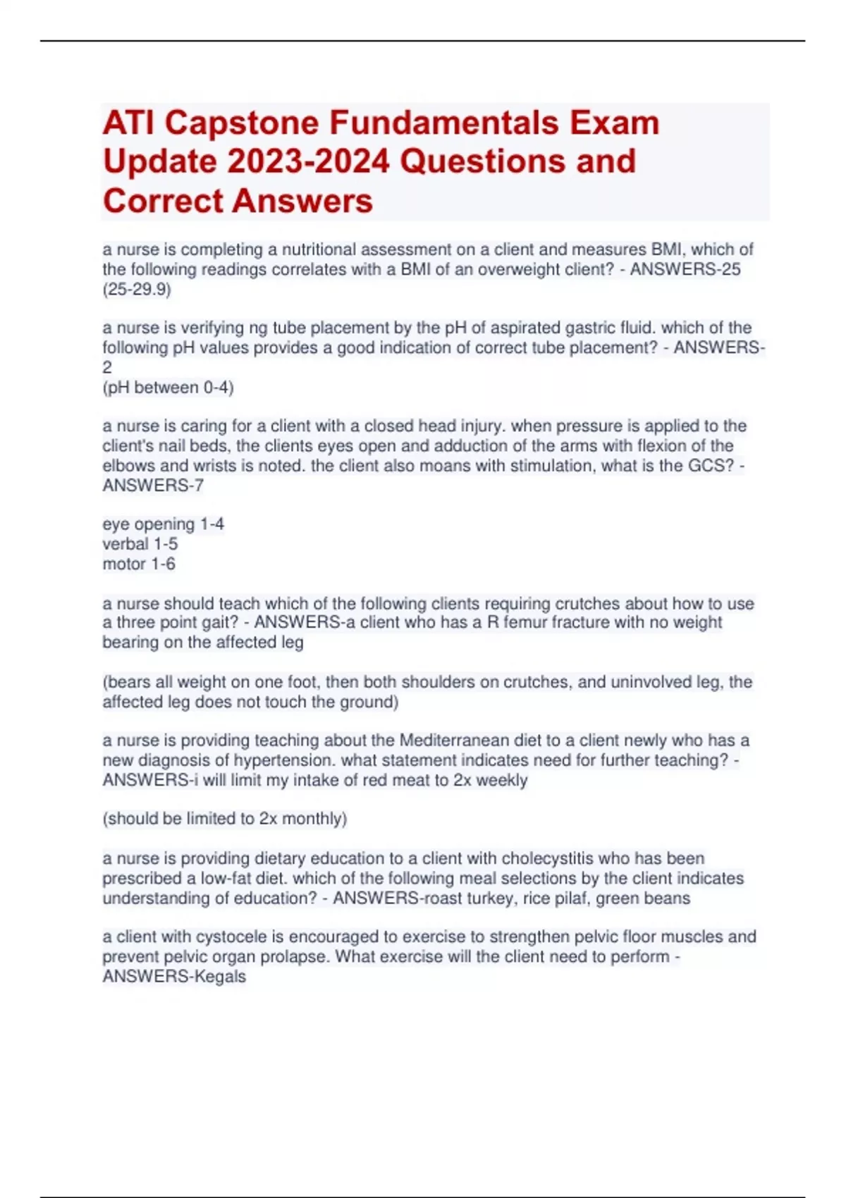 ATI Capstone Fundamentals Exam Update Questions and Correct Answers ...
