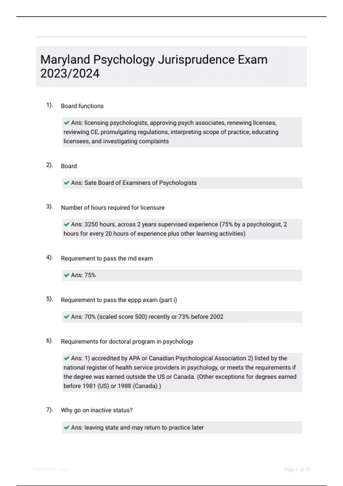 Maryland Psychology Jurisprudence Exam NURSING 706 Stuvia US