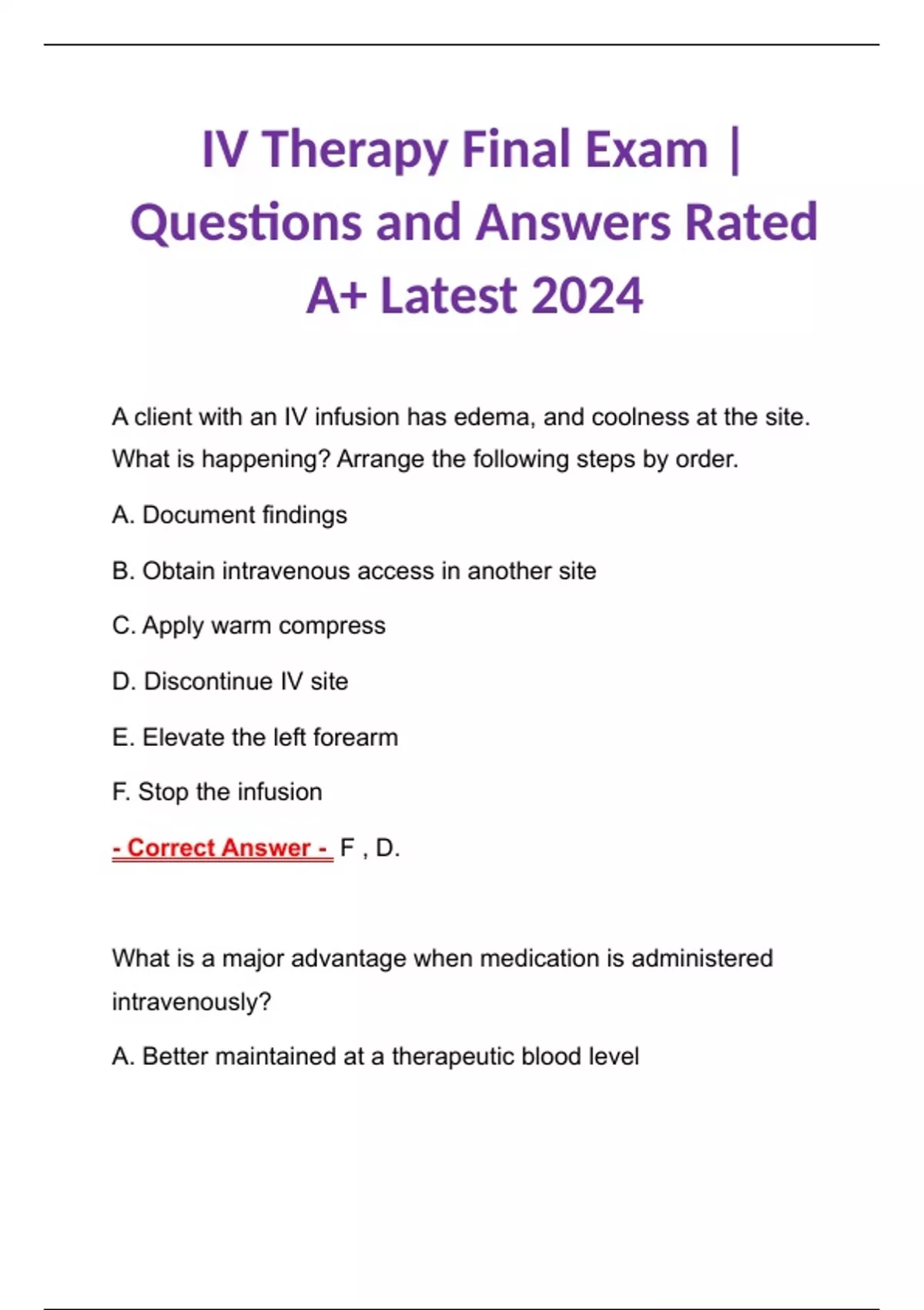 IV Therapy Final Exam | Questions and Answers Rated A+ Latest 2024 - IV Therapy Training Course ...