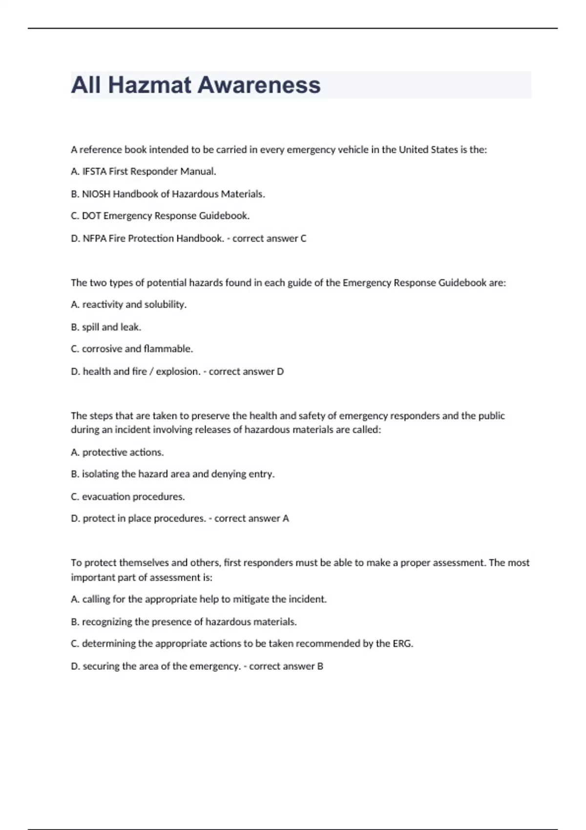 All Hazmat Awareness Assessment Exam Questions And 100% Correct Answers 2024. - IFSTA - Stuvia US