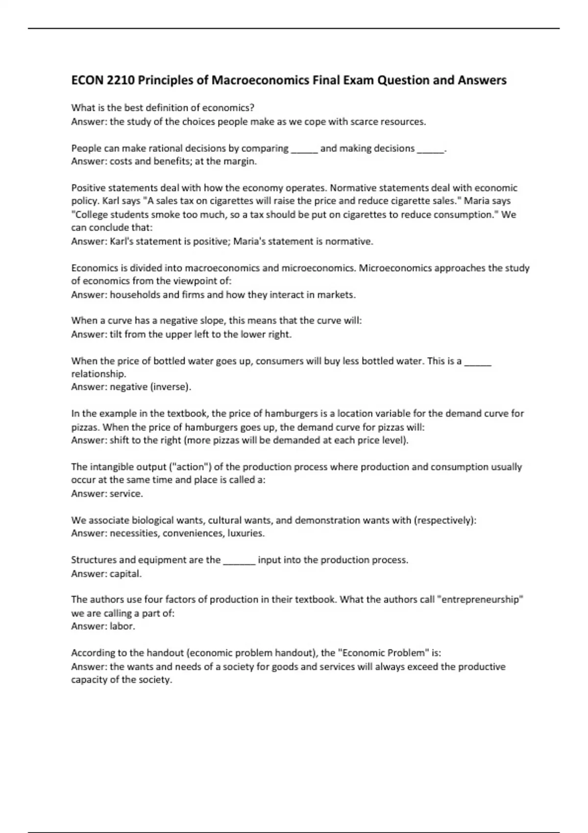ECON 2210 Principles of Macroeconomics Final Exam Question and Answers ...