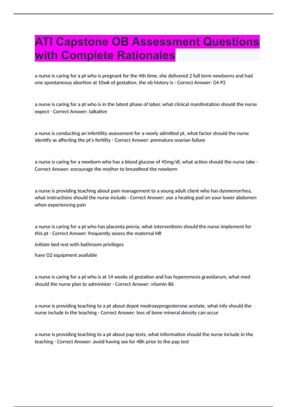 ATI Capstone OB Assessment Questions with Complete Rationales - ATI ...