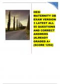 HESI MATERNITY OB EXAM VERSION 3 LATEST ALL 55 QUESTIONS AND CORRECT ANSWERS |ALREADY GRADED A+ (SCORE 1292)