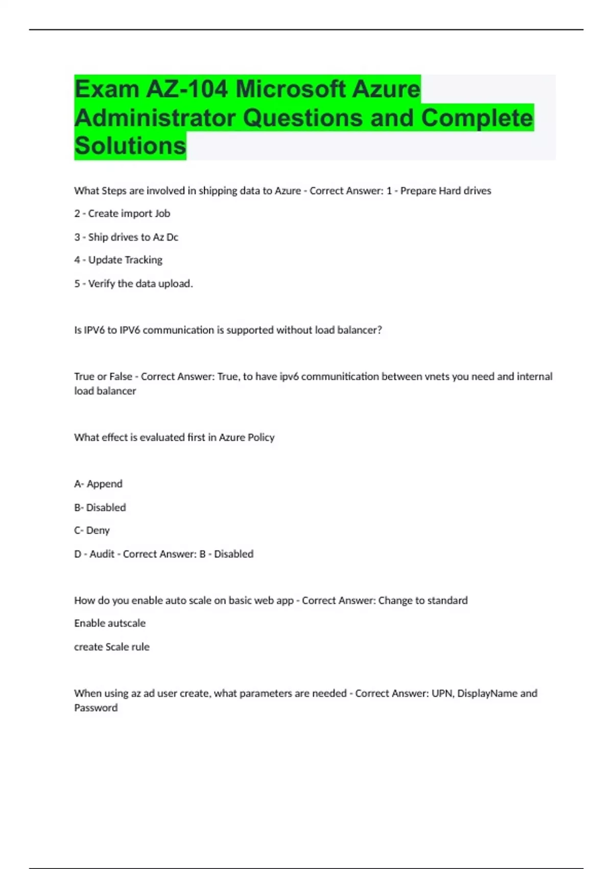 Exam AZ104 Microsoft Azure Administrator Questions and Complete