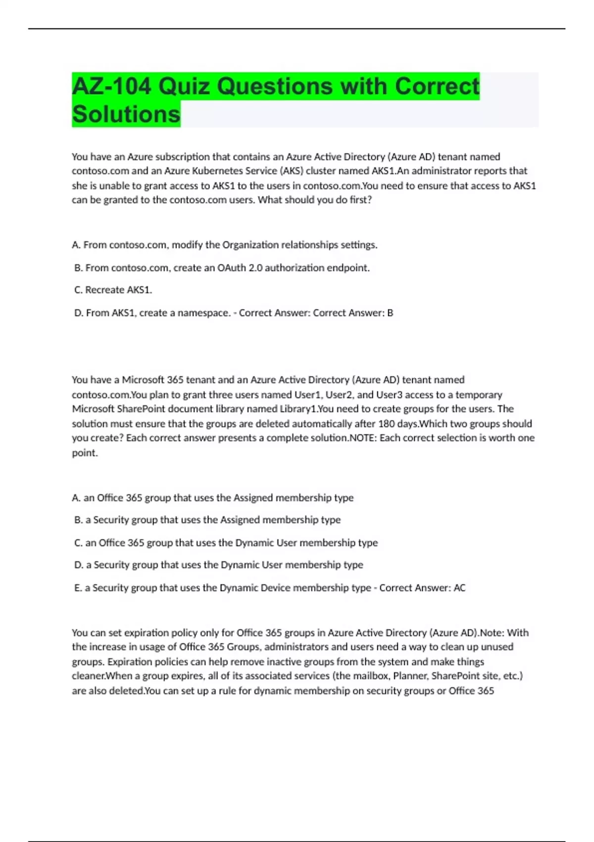 AZ-104 Quiz Questions with Correct Solutions. - AZ-104 Renewal - Stuvia US