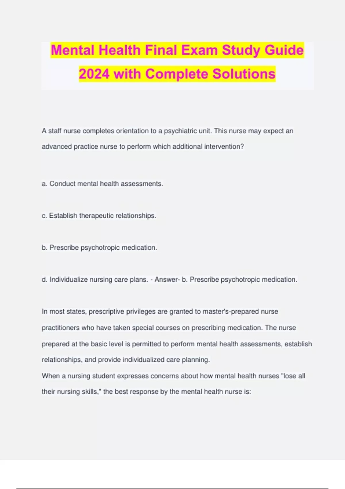 Mental Health Final Exam Study Guide 2024 with Complete Solutions ...