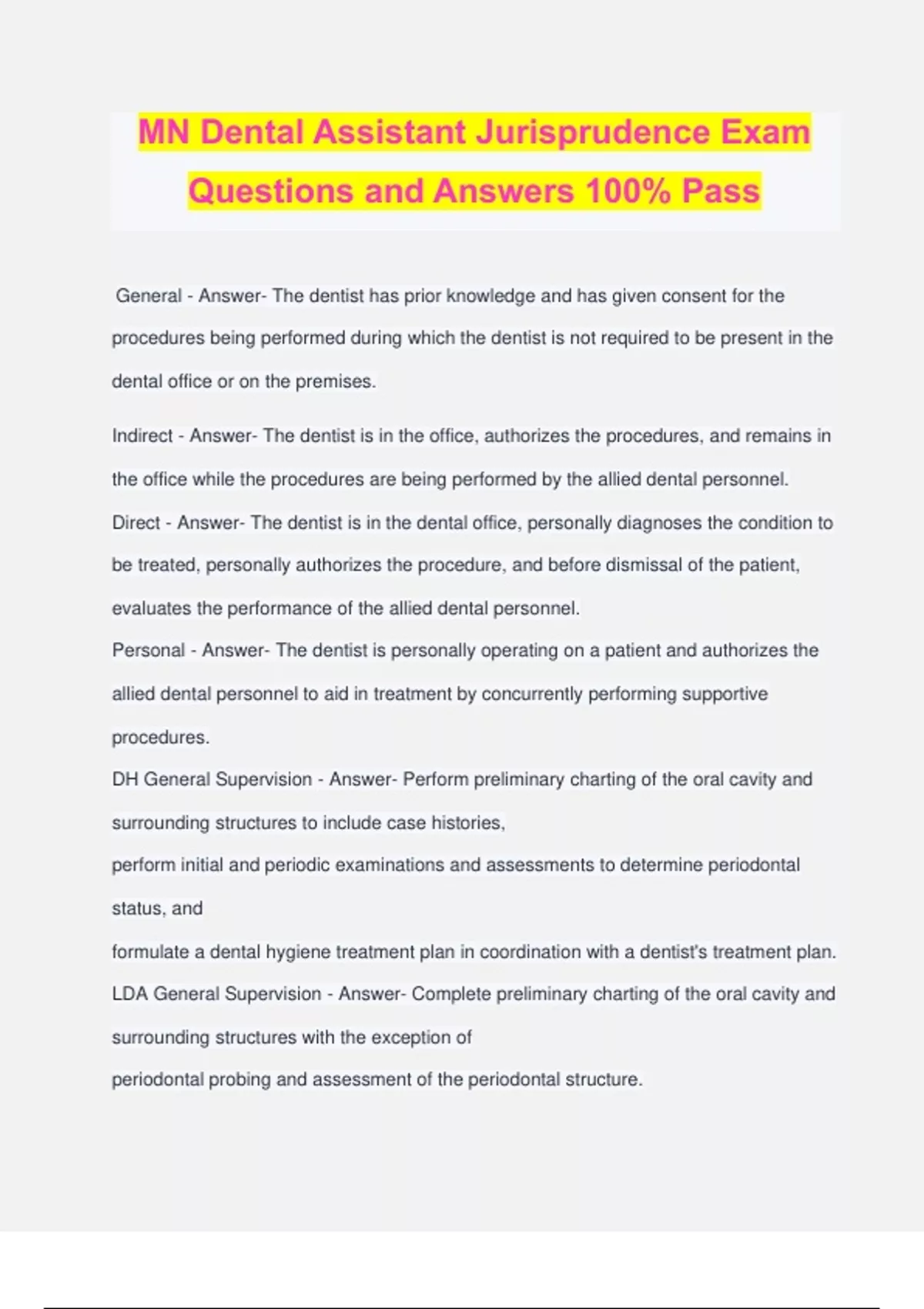 MN Dental Assistant Jurisprudence Exam Questions and Answers 100 Pass